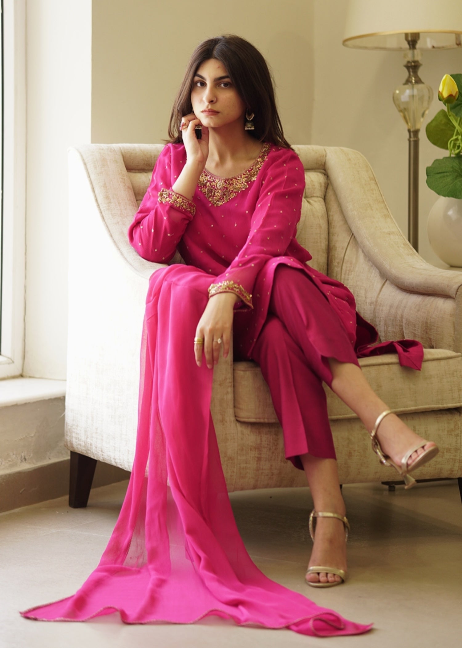 chiffon Kurta Set in Deep pink