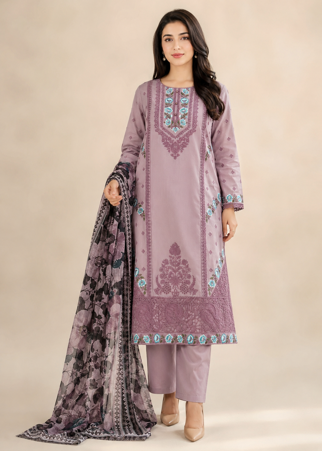 cambric cotton Kurta Set in Mauve