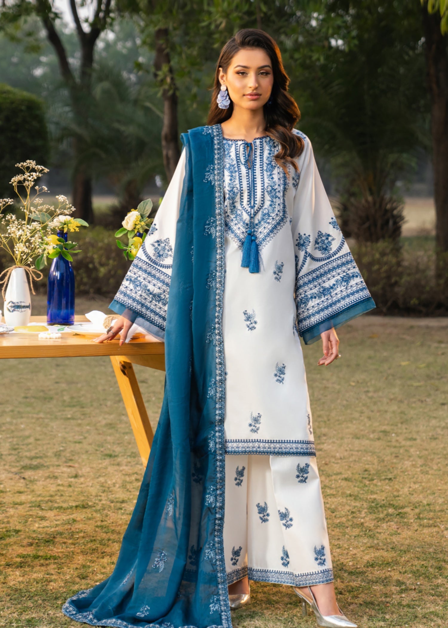 lawn Kurta Set in White, steel blue
