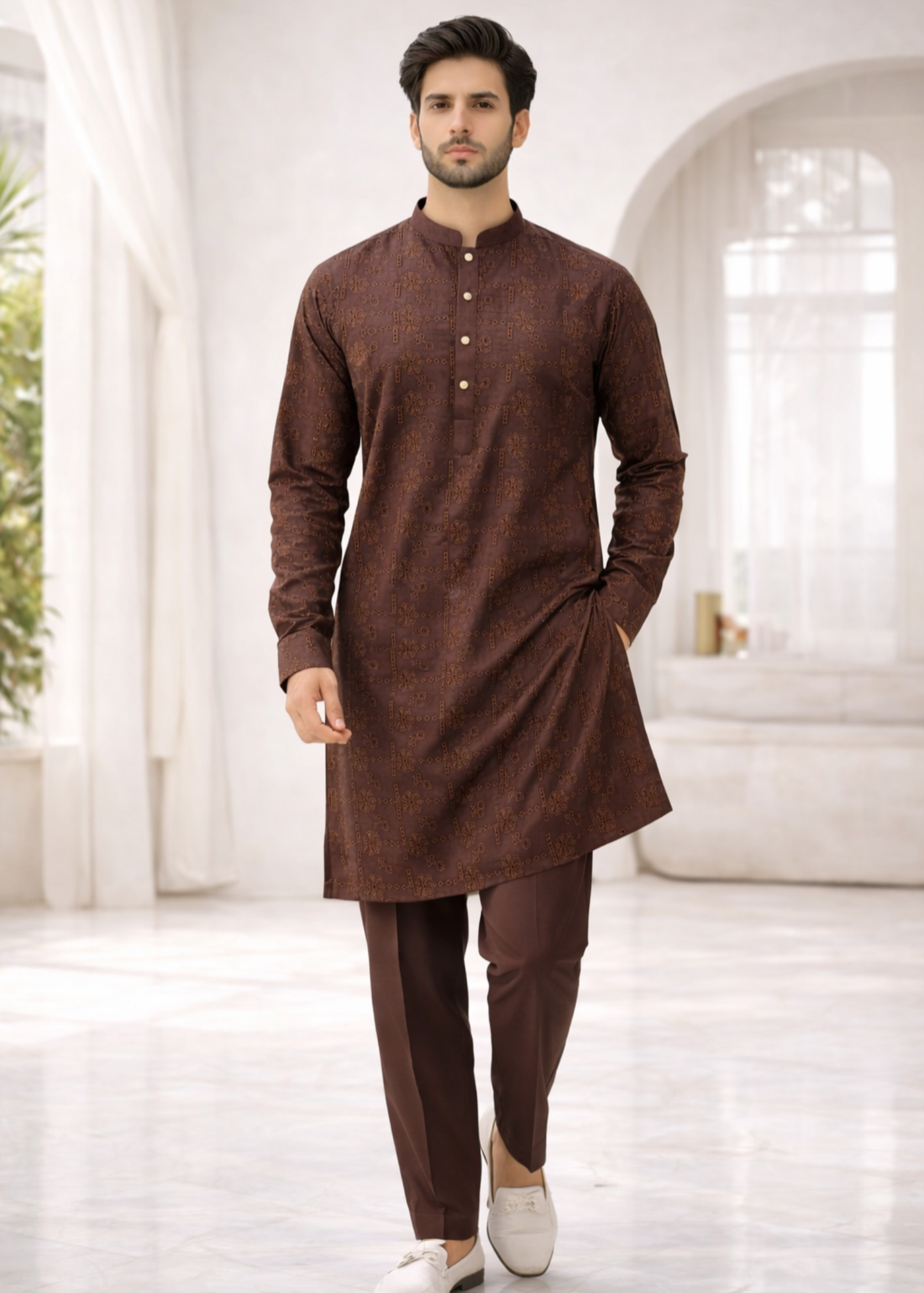 chikankari cotton Kurta Set in Coffee brown
