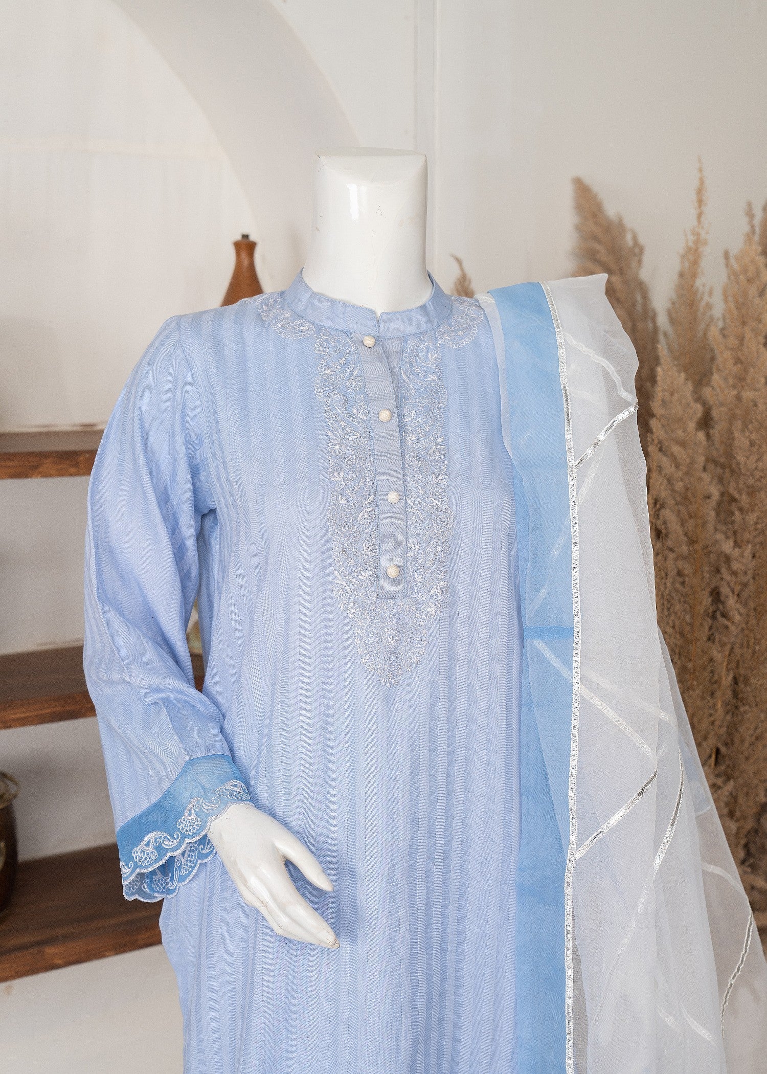 self jacquard Kurta Set in Light blue