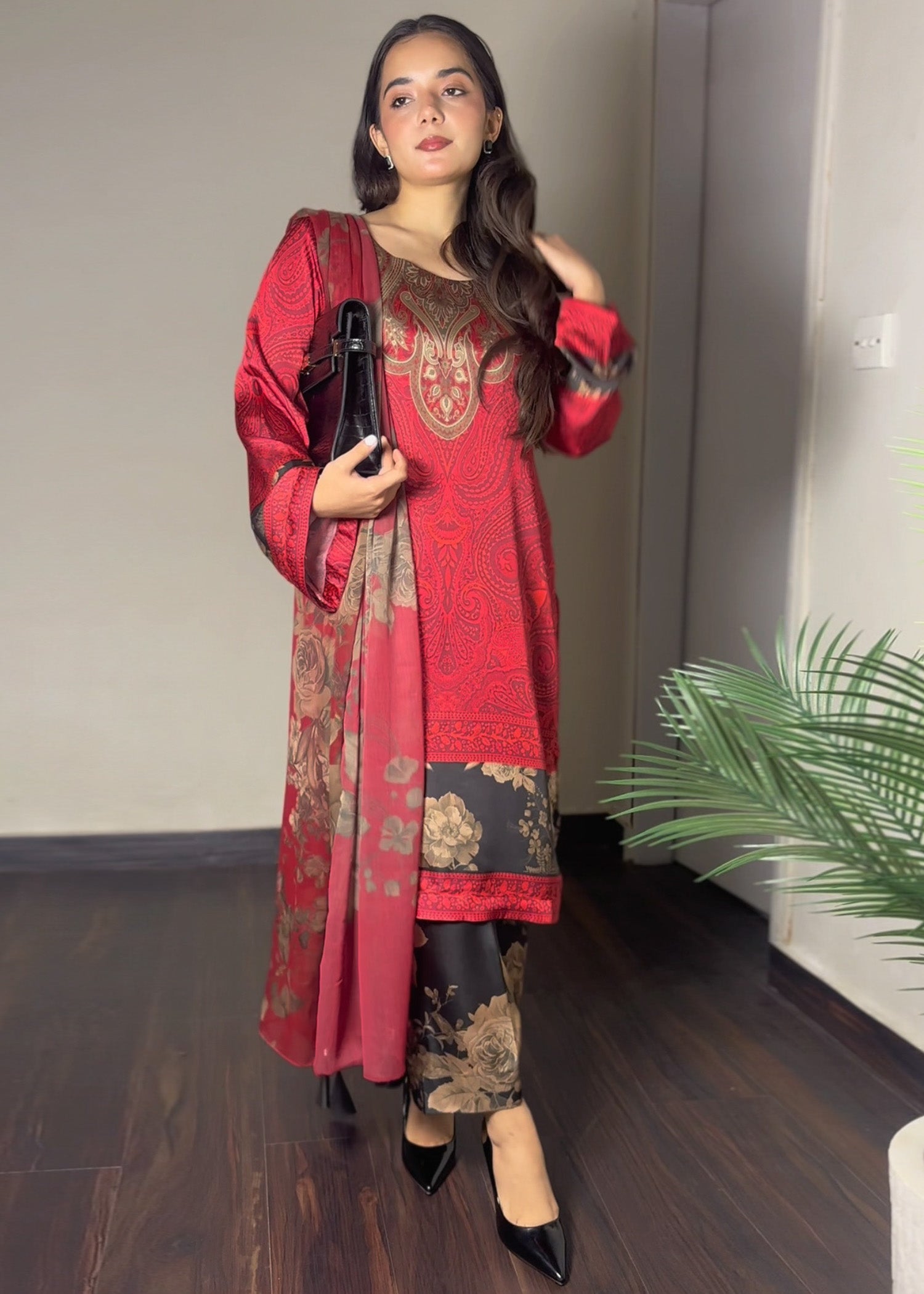 satin silk Kurta Set in Red