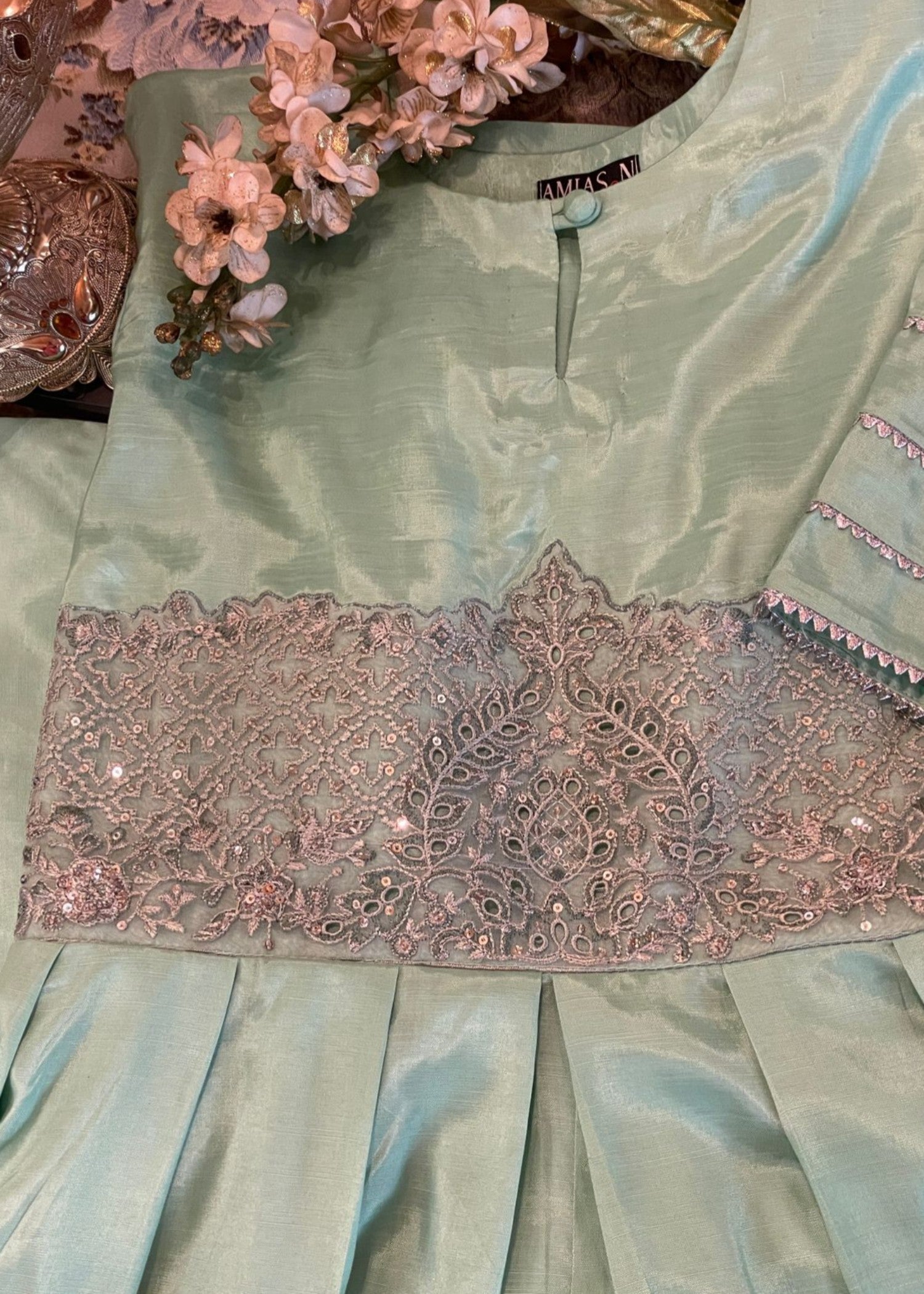 raw silk Short Frock in Tea green