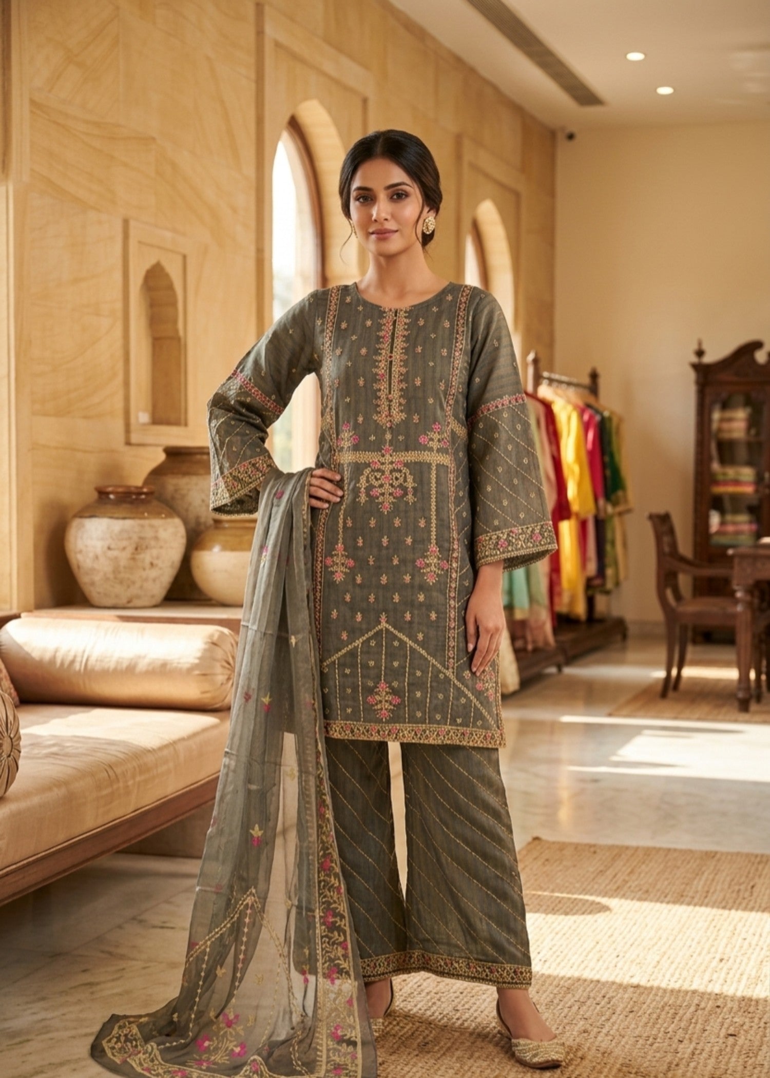 organza Kurta Set in Brown