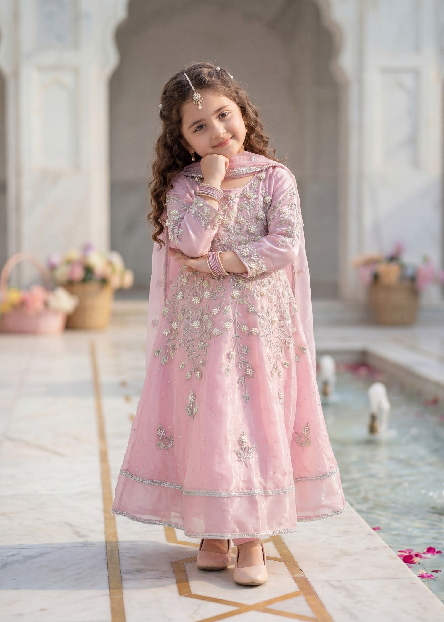 tissue silk Pishwas in Pastel pink