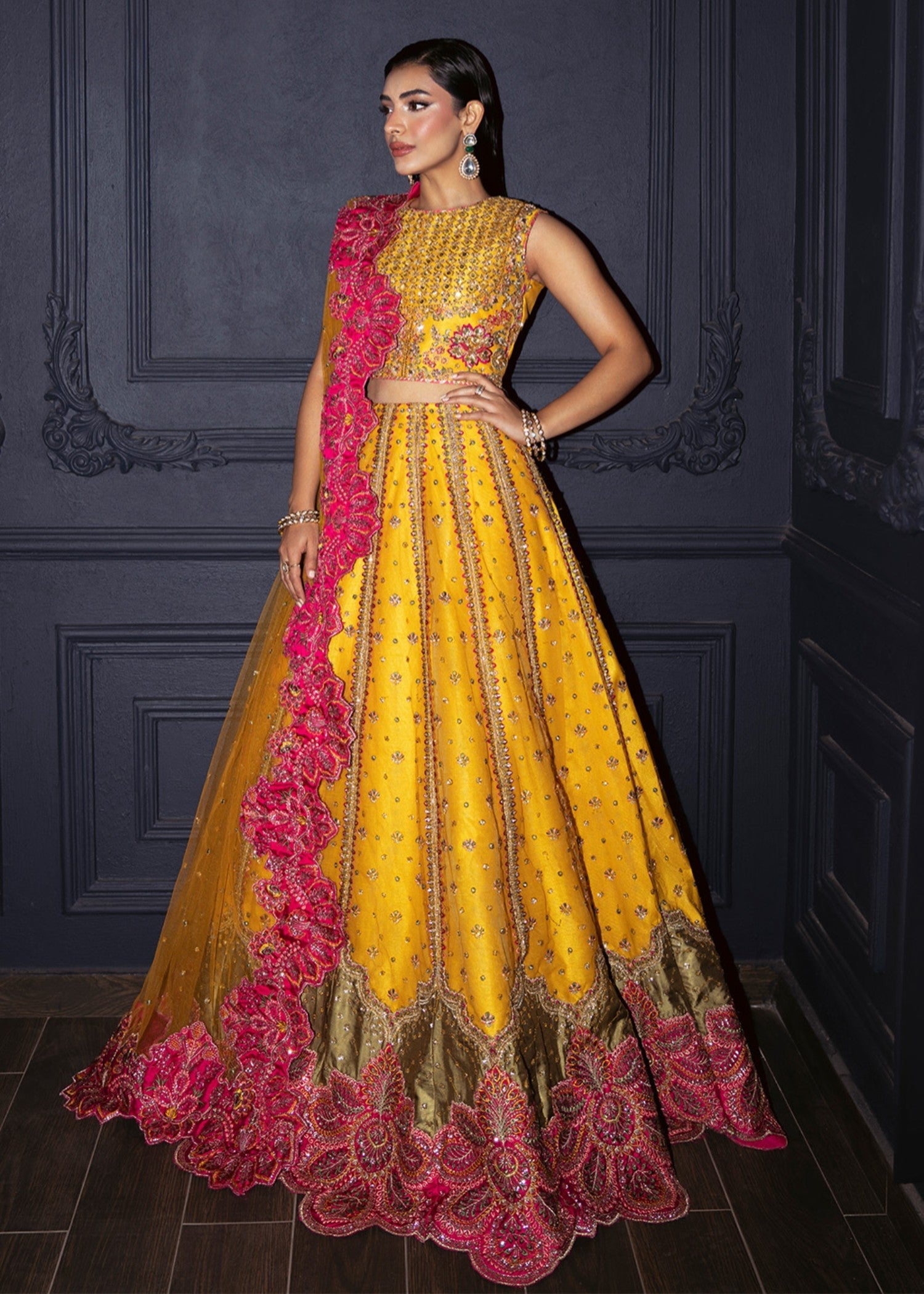 net Lehenga in Mustard