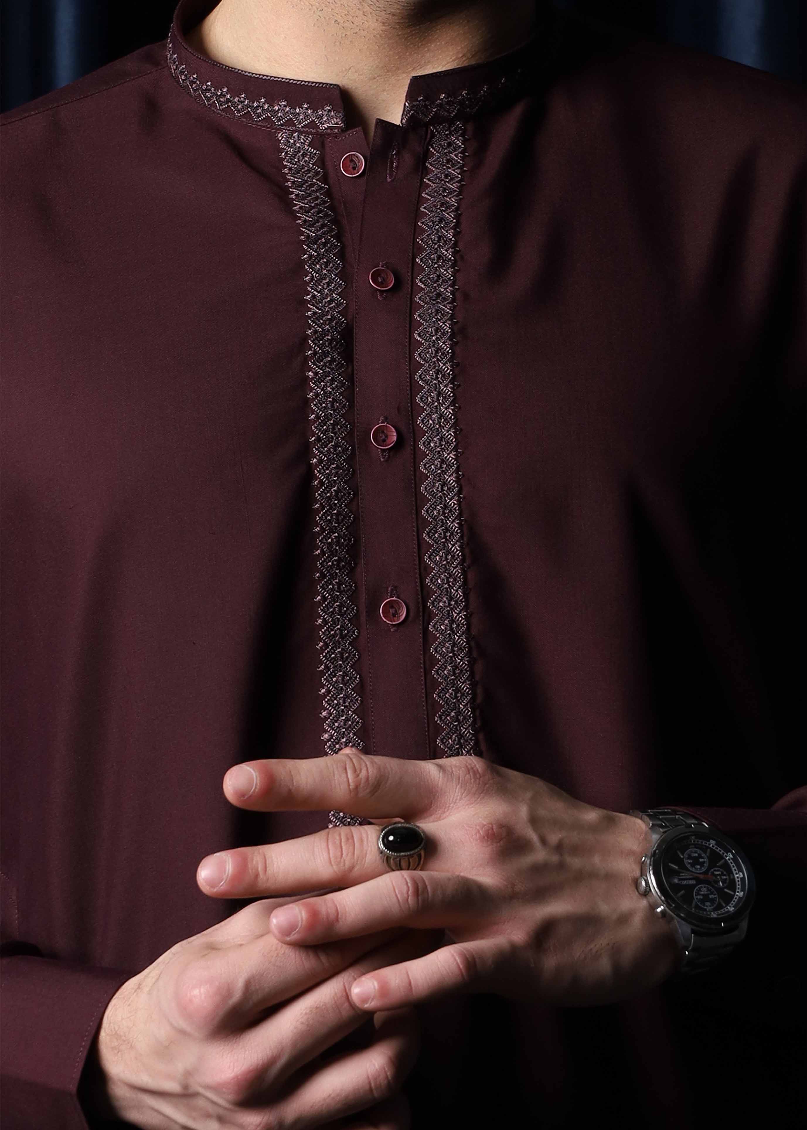 wash & wear Shalwar Kameez in Maroon by Mazham
