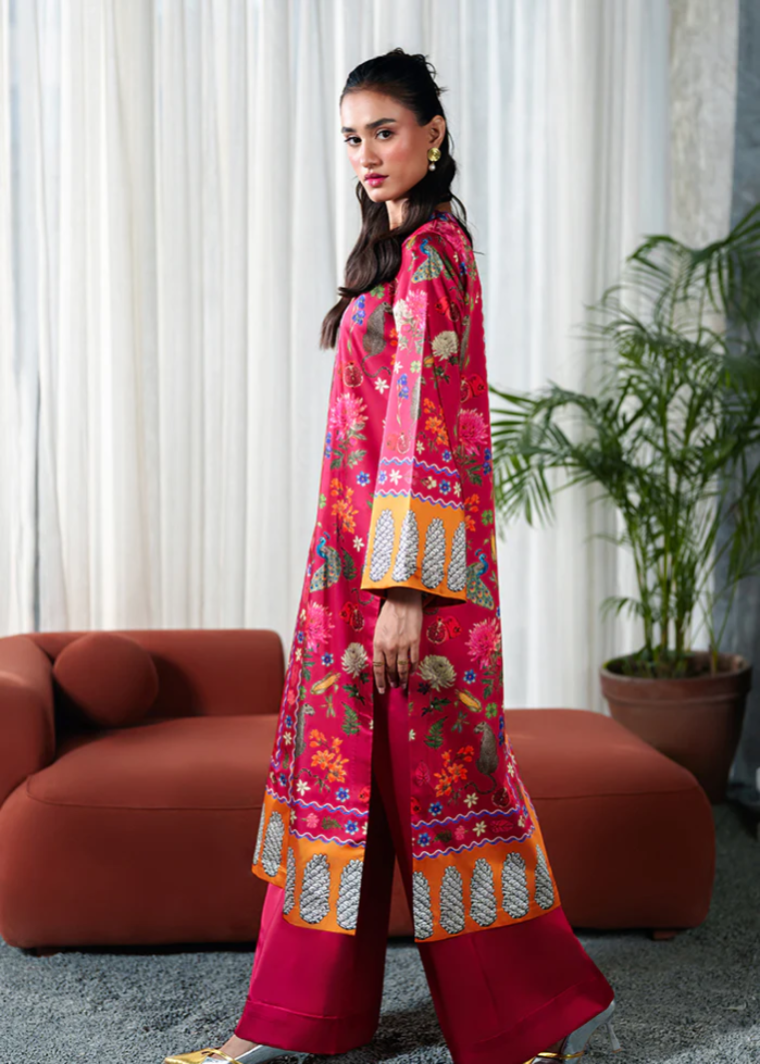 silk charmeuse Kurta Set in Shocking pink