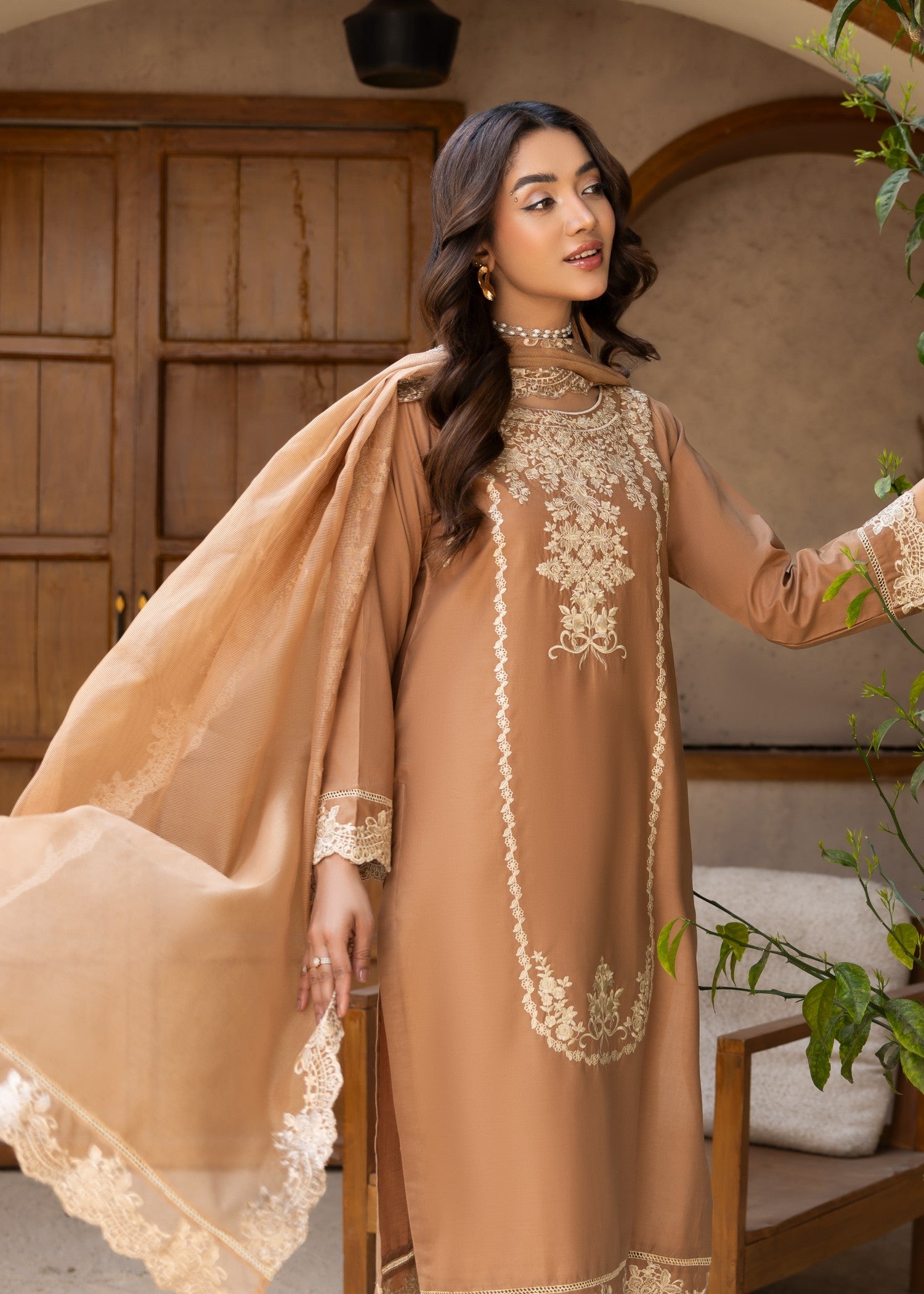 lawn cotton Kurta Set in Peanut