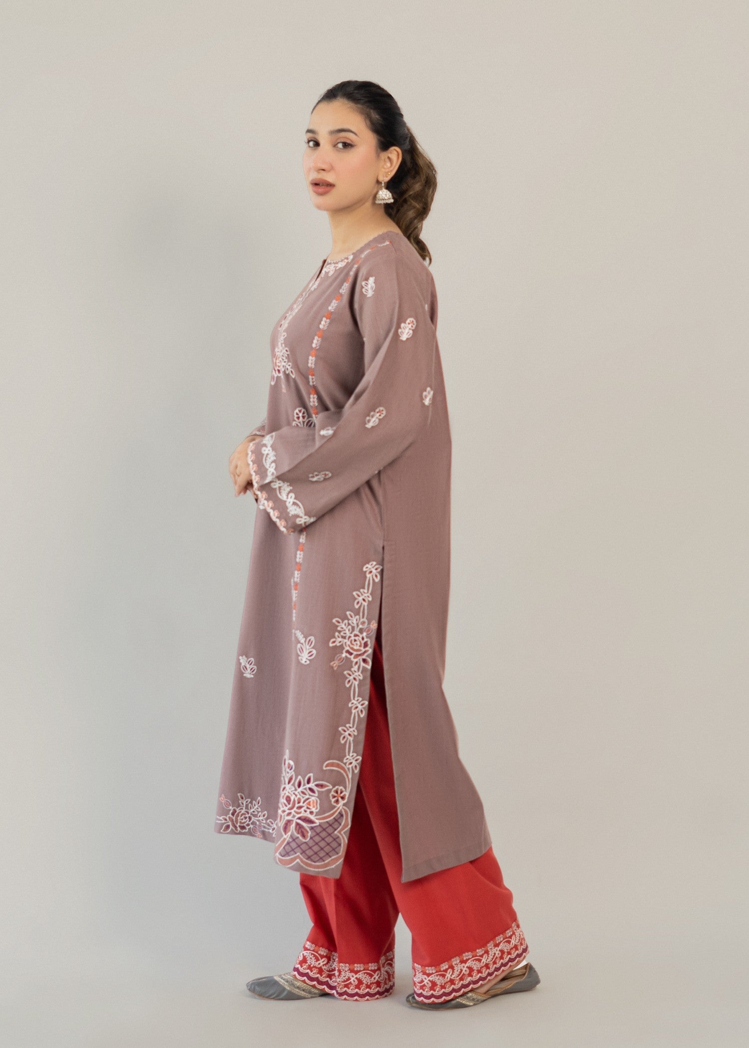 slub khaddar Kurta Set in Red, mauve