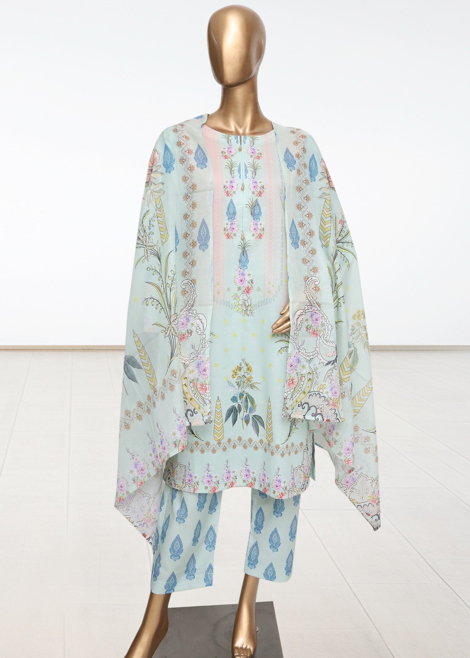lawn Kurta Set in Sage green, sky, light cyan