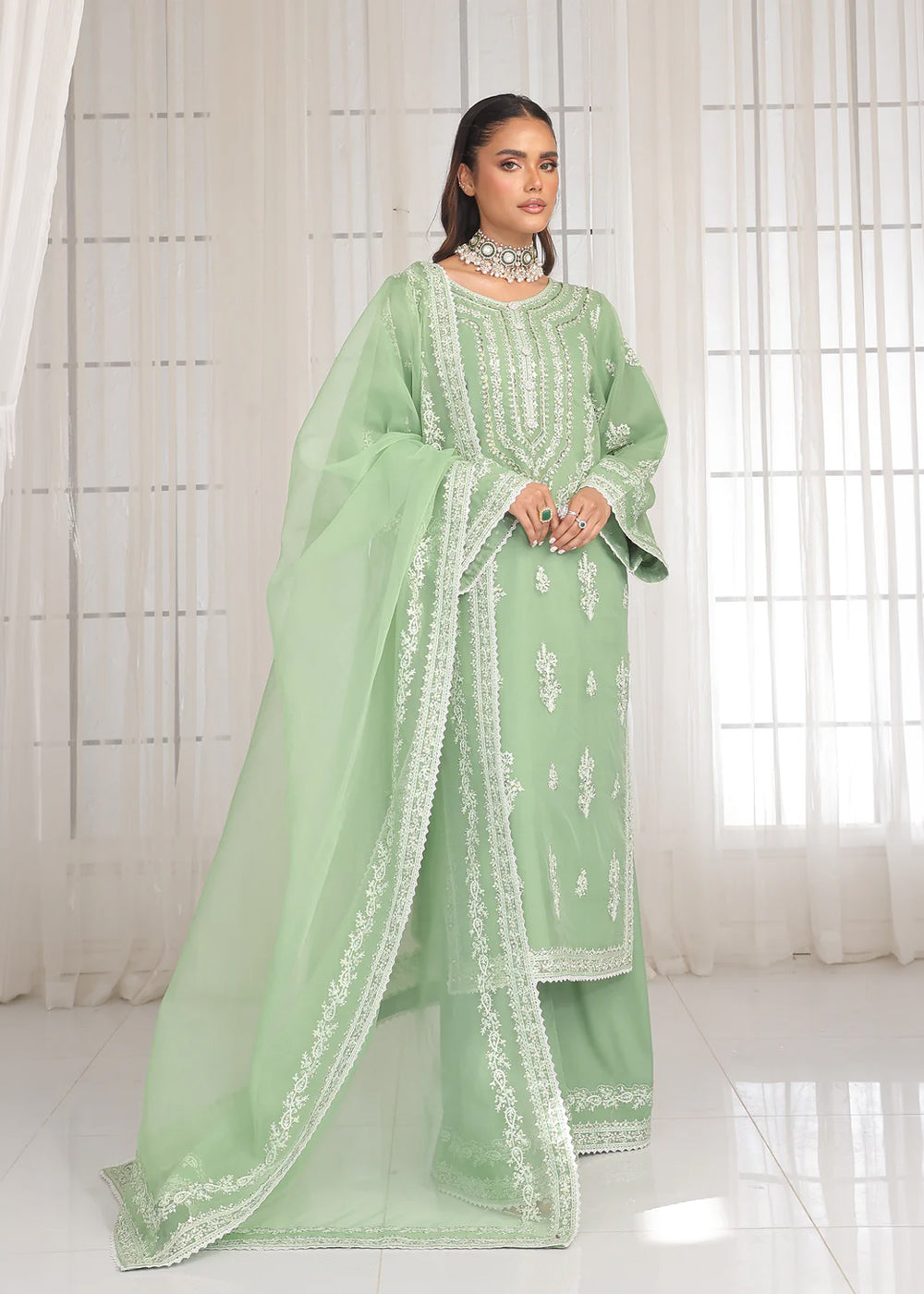 organza Kurta Set in Pistachio green