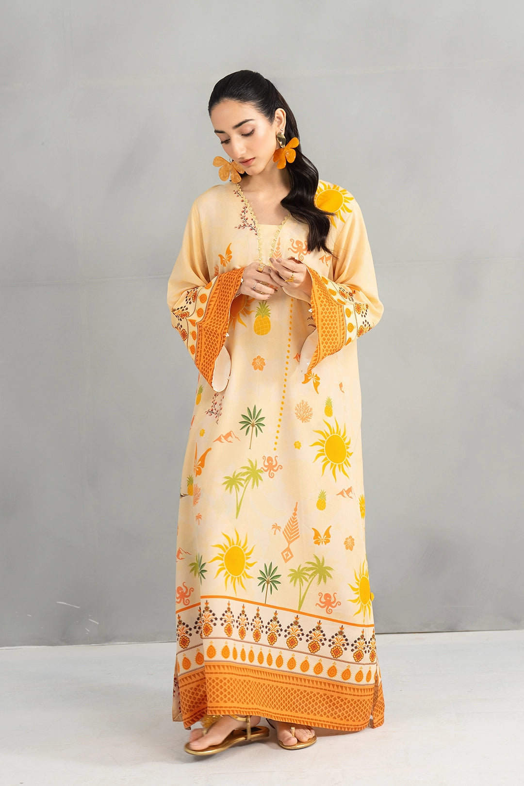 silk finish lawn Kaftan in Mustard