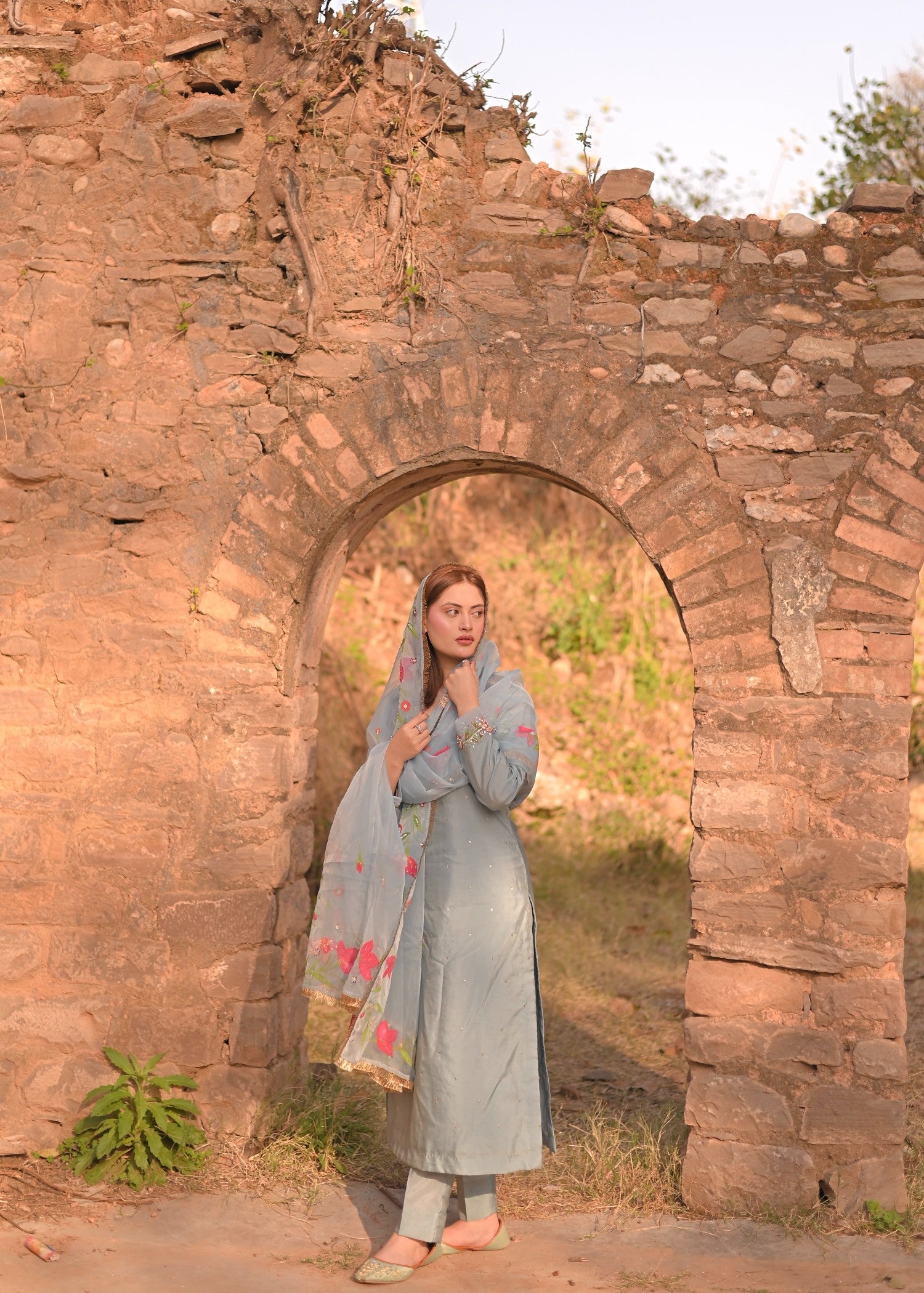silk crepe Kurta Set in Light blue