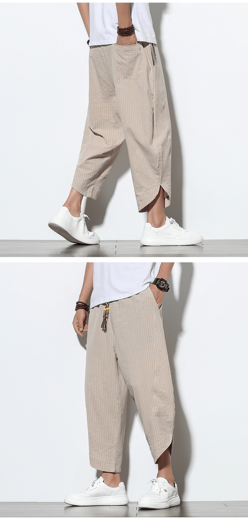 Chinese Style Cotton and Linen Pants Striped plus Size Loose Harem Bloomers Men