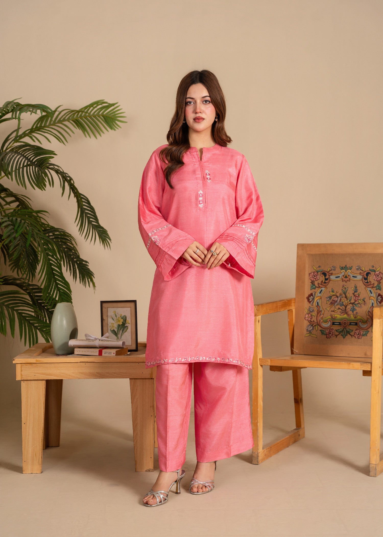 raw silk Kurta Set in Cotton candy pink