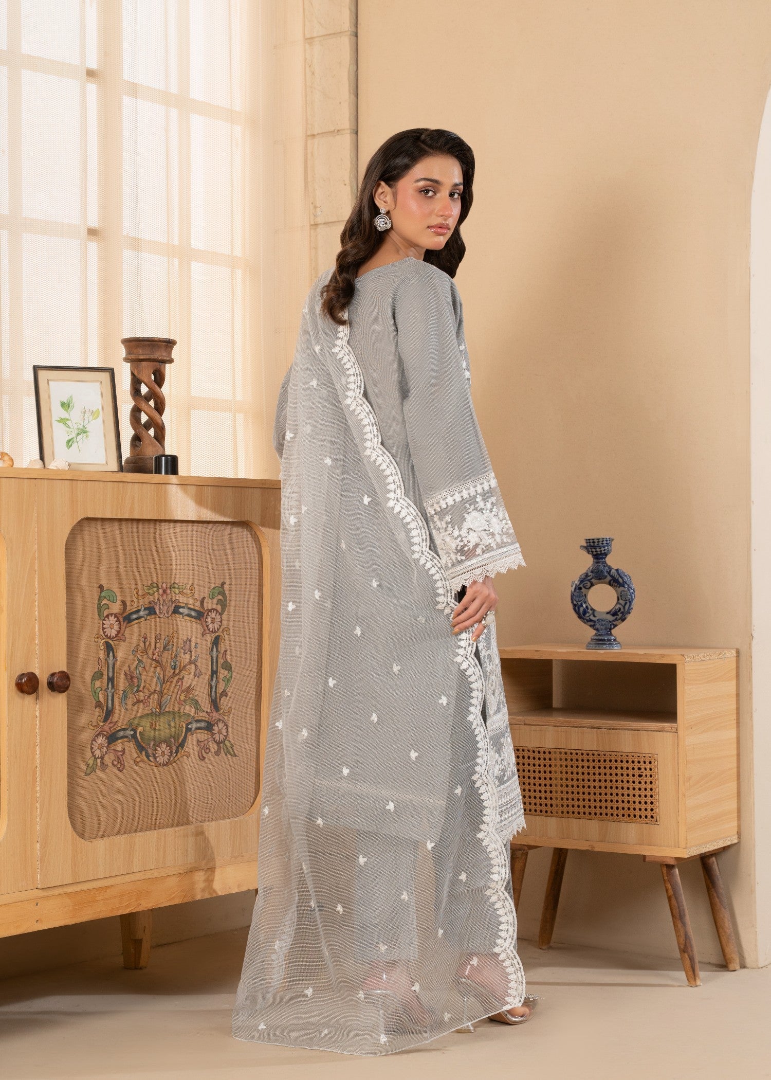 khaddi net Kurta Set in Ash grey