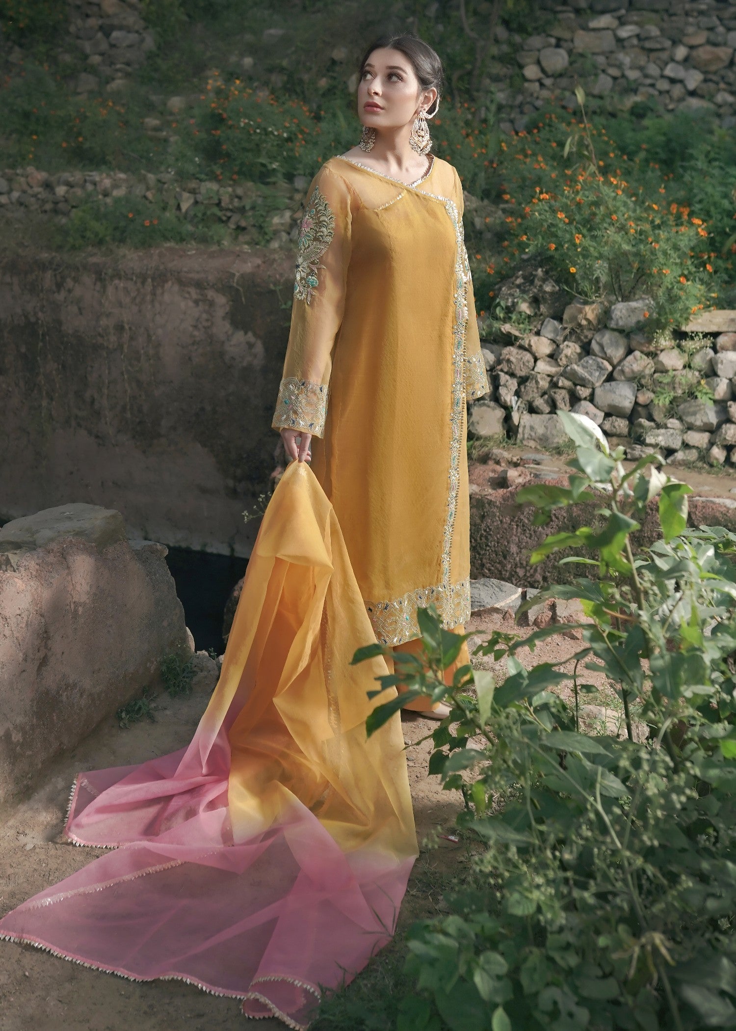 organza Angrakha in Mustard