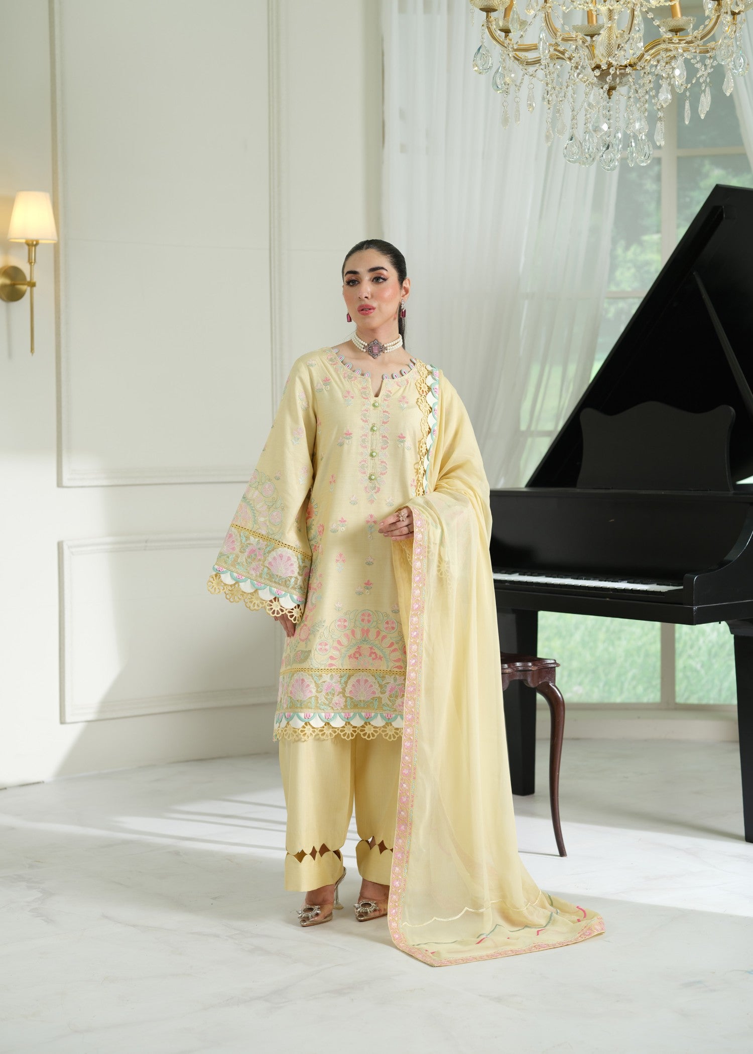 cambric cotton Kurta Set in Light yellow