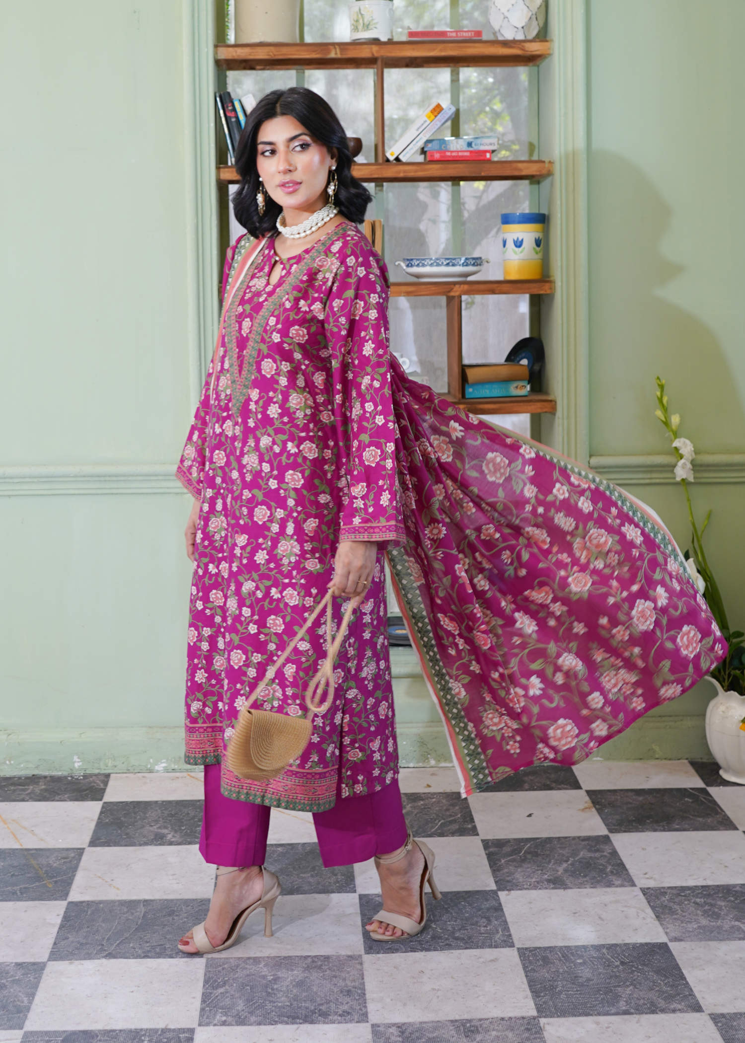dobby Kurta Set in Berry red