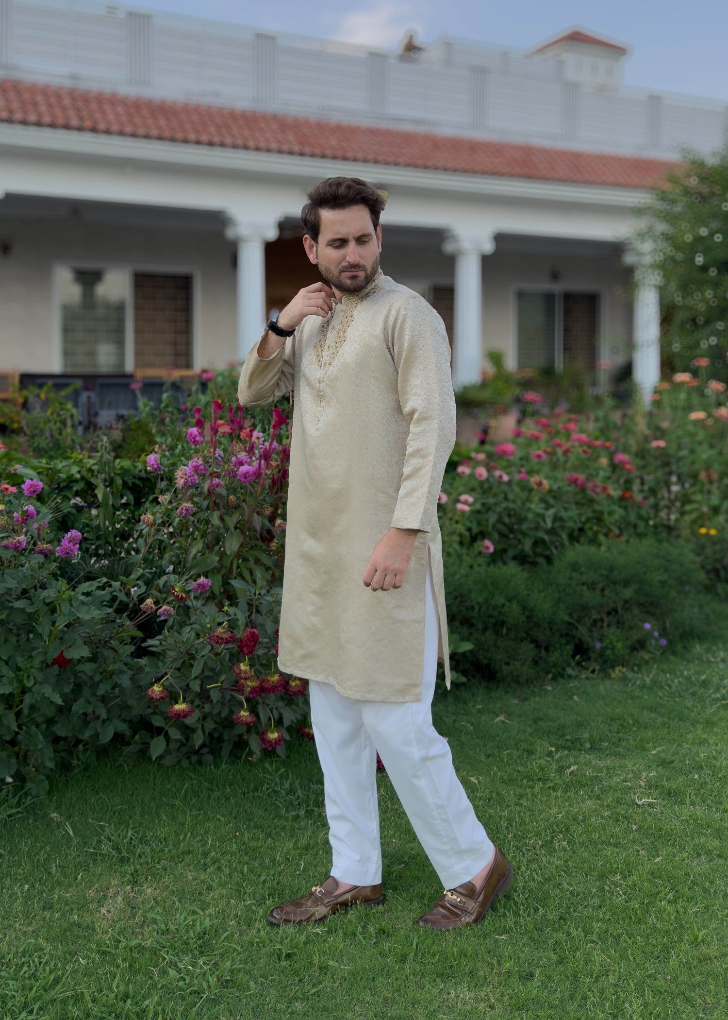traditional jamawar Kurta in Tan brown