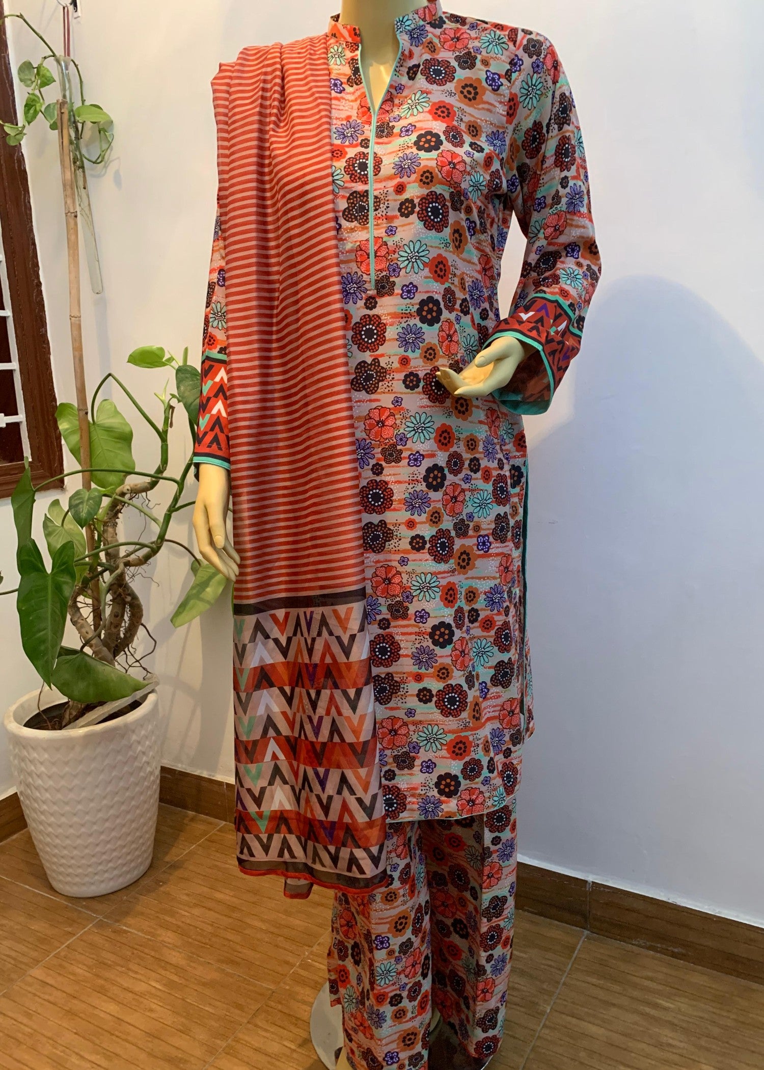 arabic lawn Unstitched in Peach pink, caramel brown