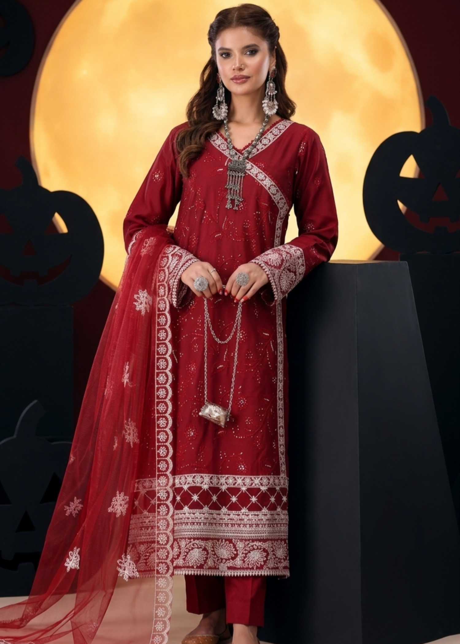 lawn Angrakha in Maroon