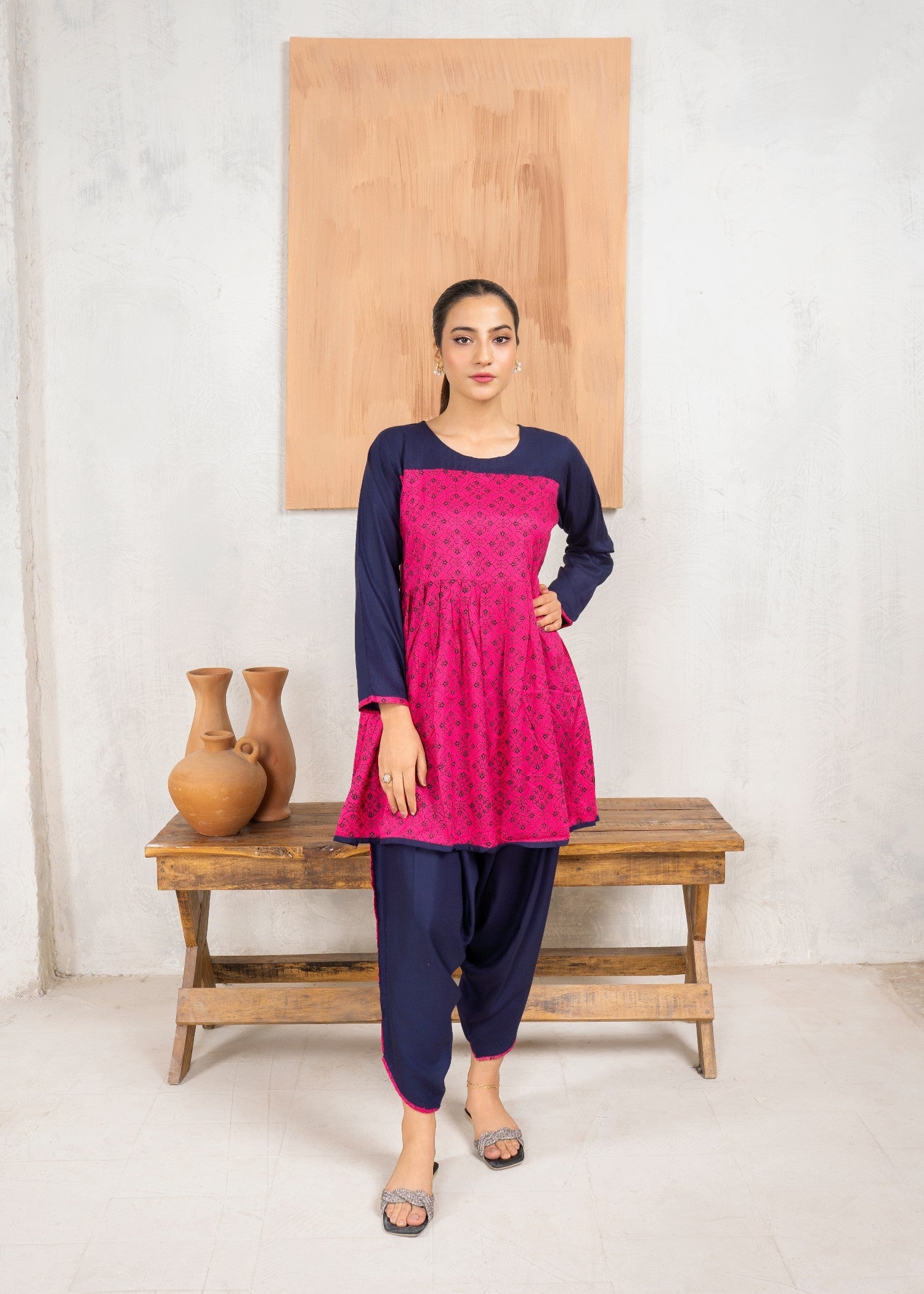 linen Short Frock in Shocking pink