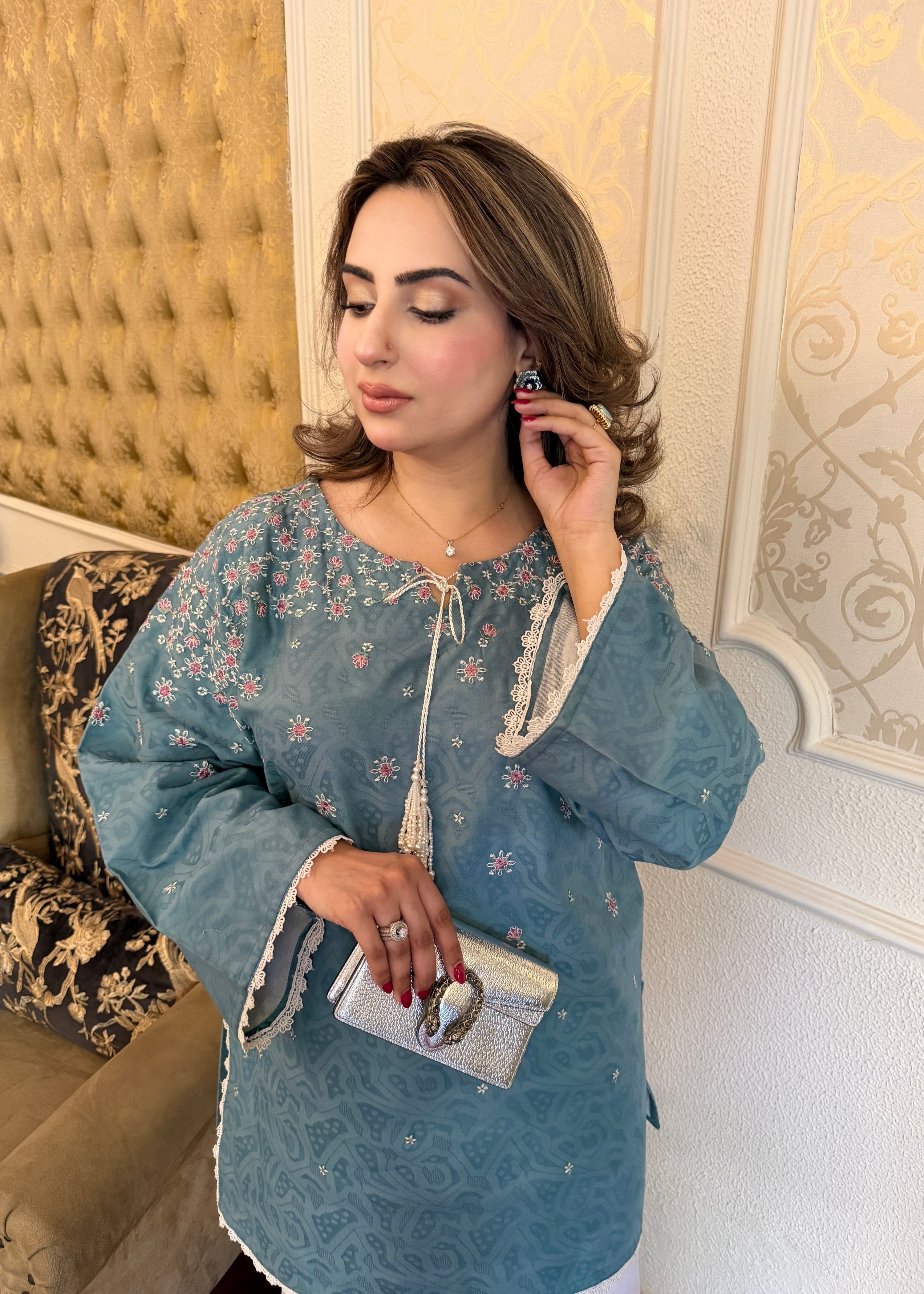 dobby crepe Kurta Set in Aquamarine