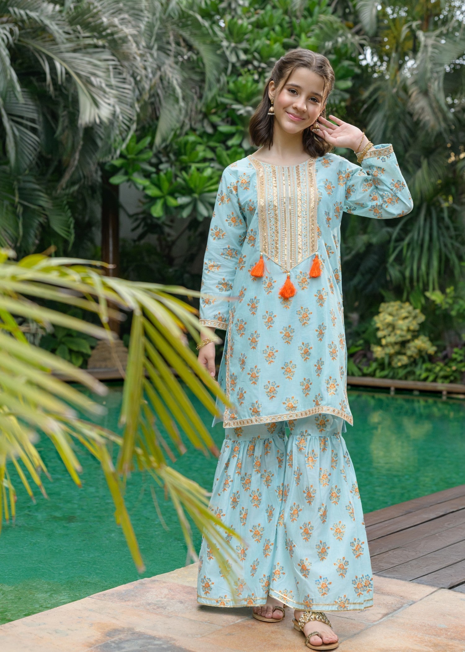 lawn Gharara in Turquoise