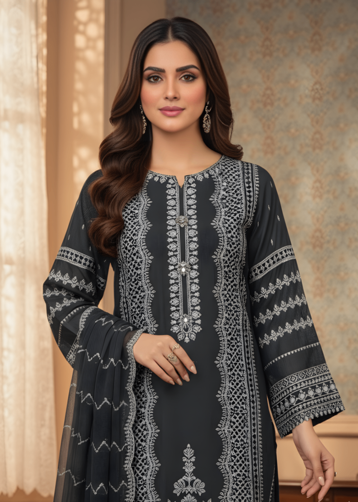chiffon Kurta Set in Charcoal