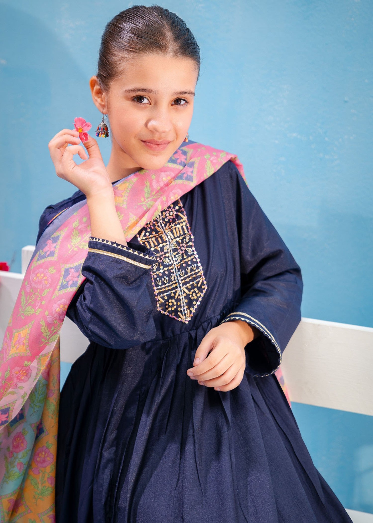 lawn Short Frock in Navy blue