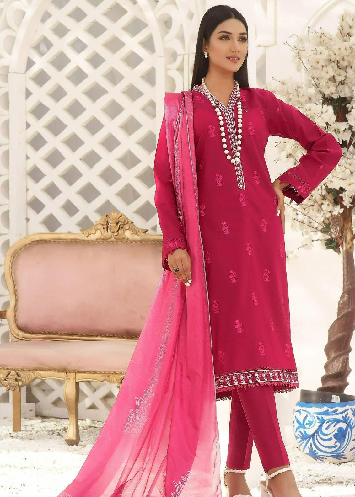 cotton Kurta Set in Fuchsia