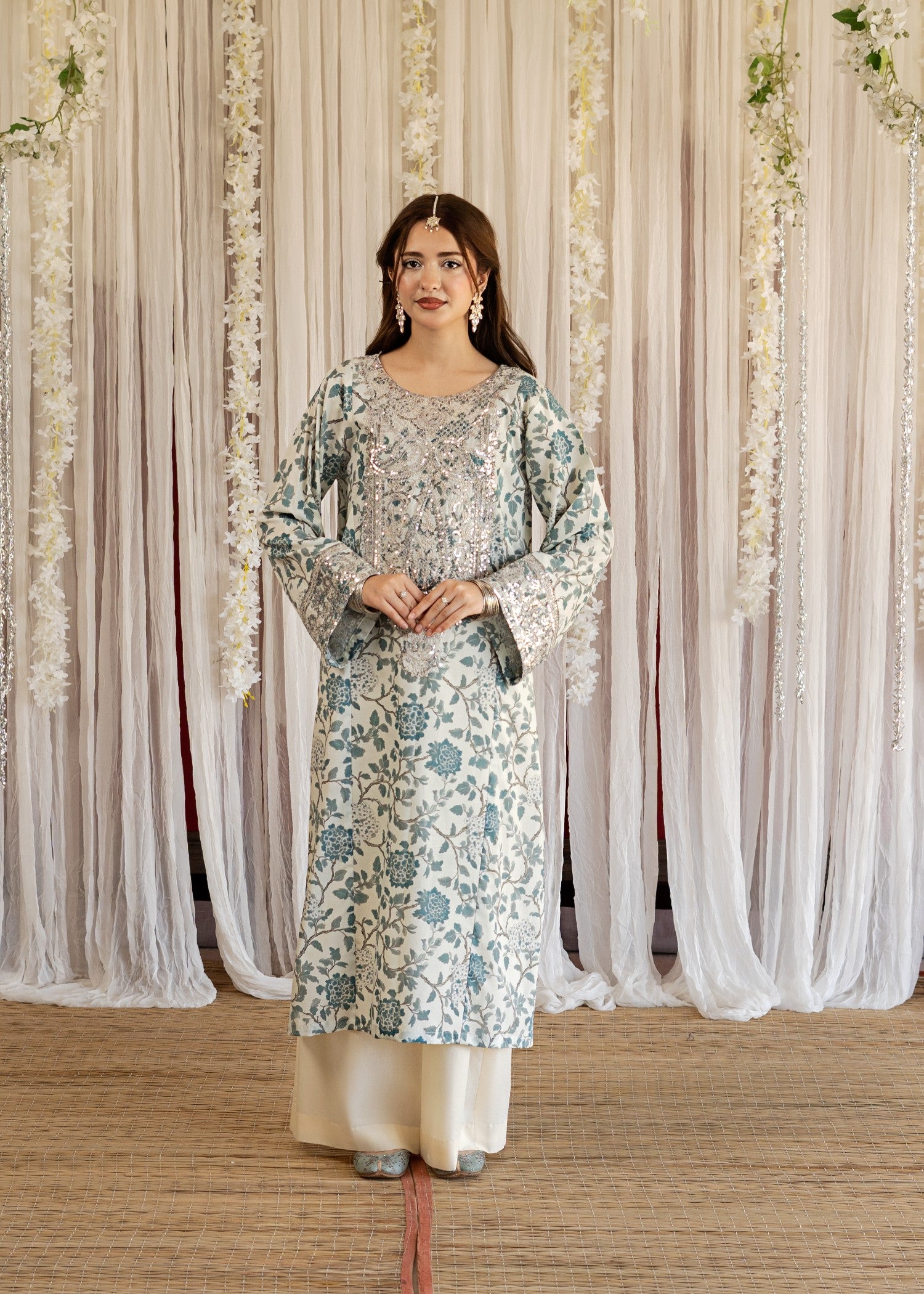 lawn Kurta Set in Off-white, steel blue