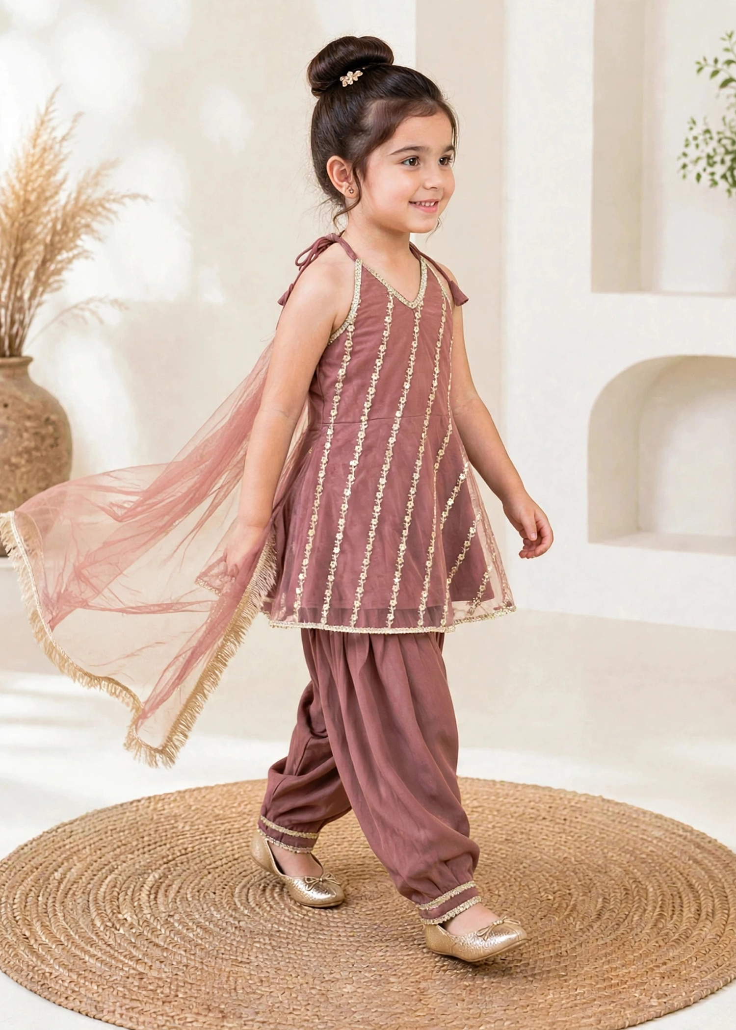 net Short Frock in Indian pink