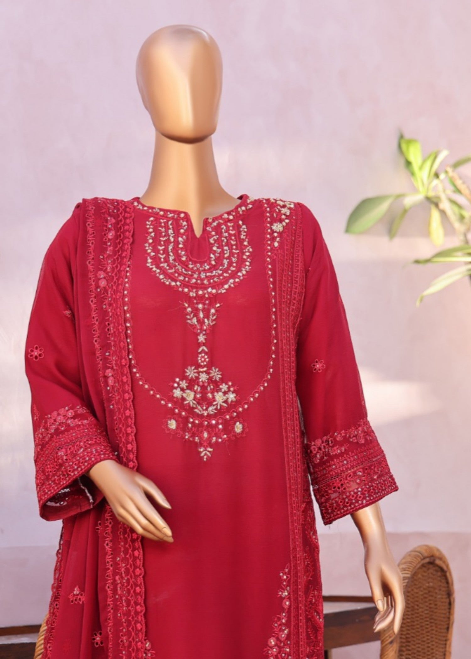 chiffon Kurta Set in Persian red