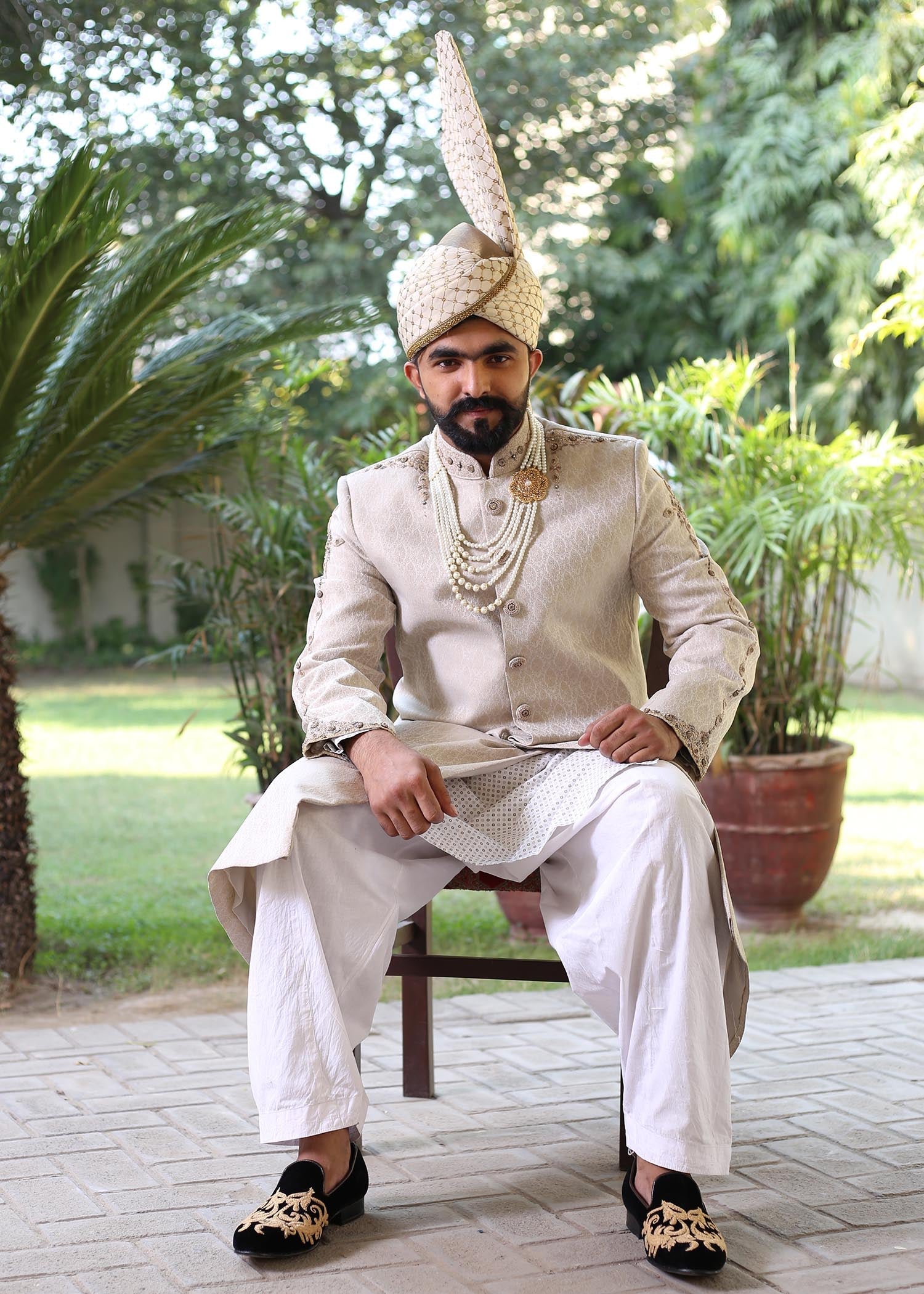 jamawar Sherwani in Cream