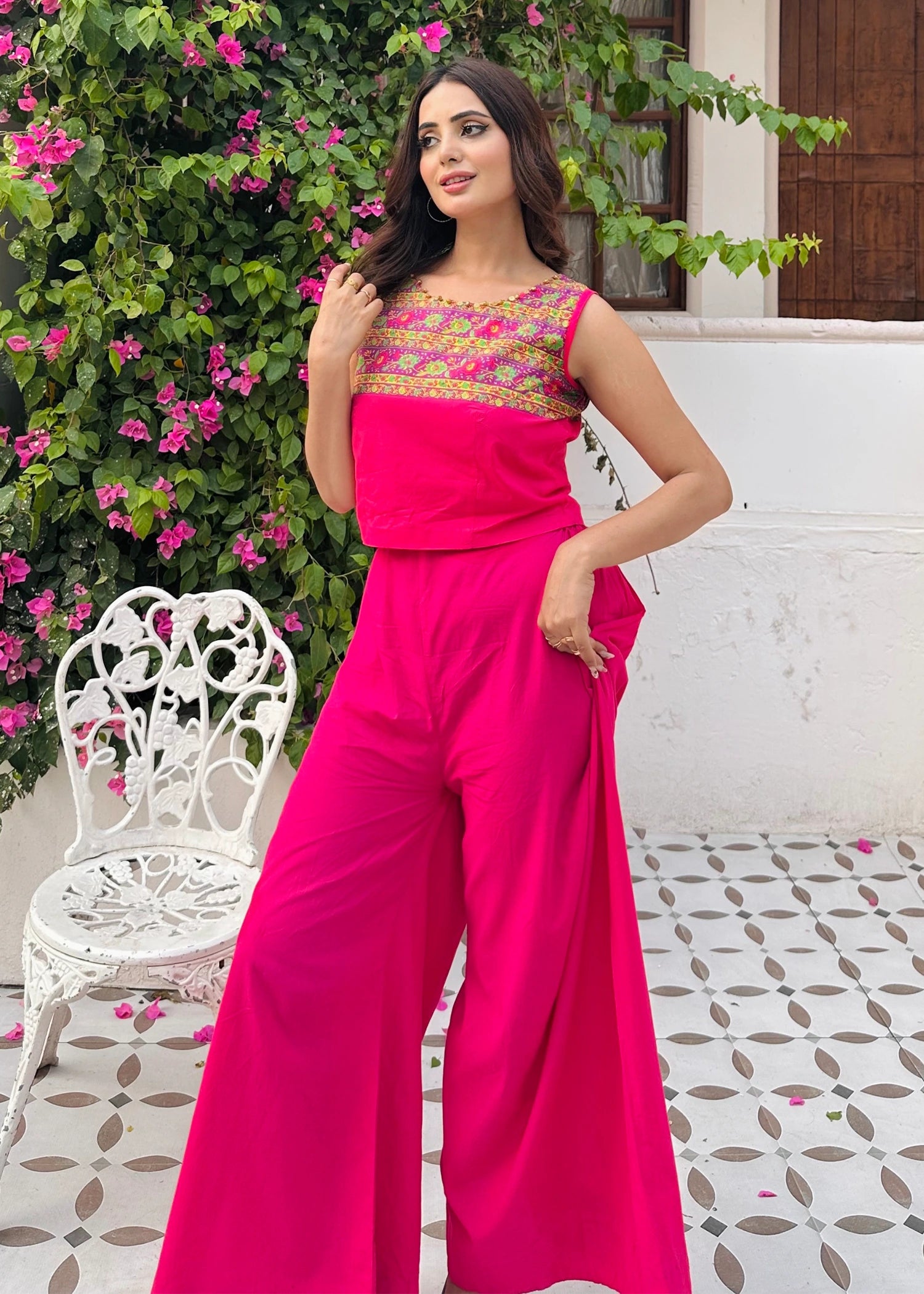 lawn Gown in Shocking pink, royal lilac