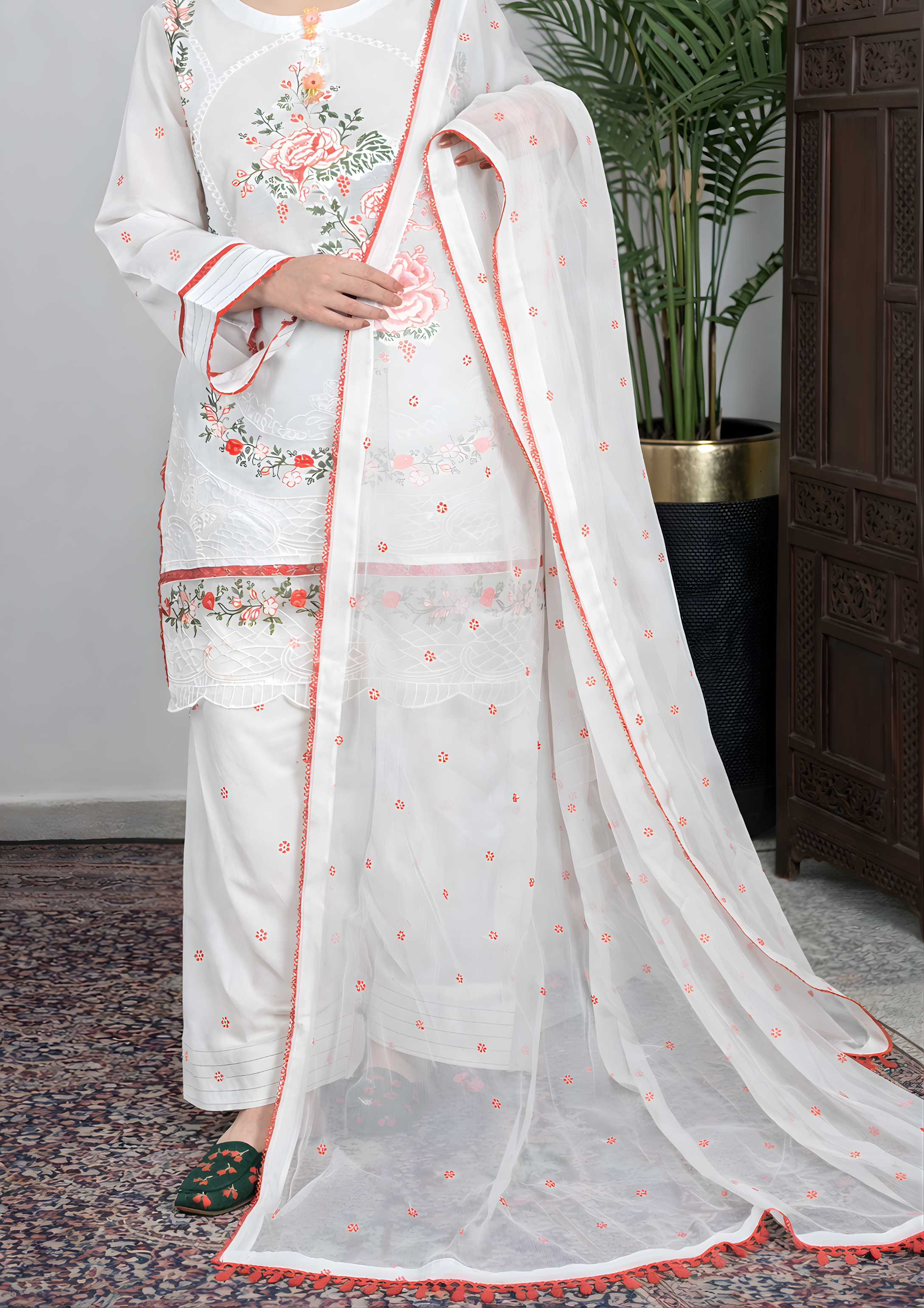 lawn cotton Kurta Set in White