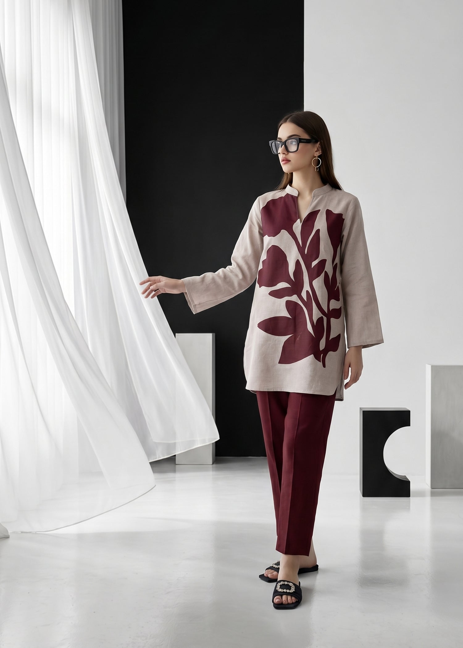 slub lawn Kurta Set in Ash grey