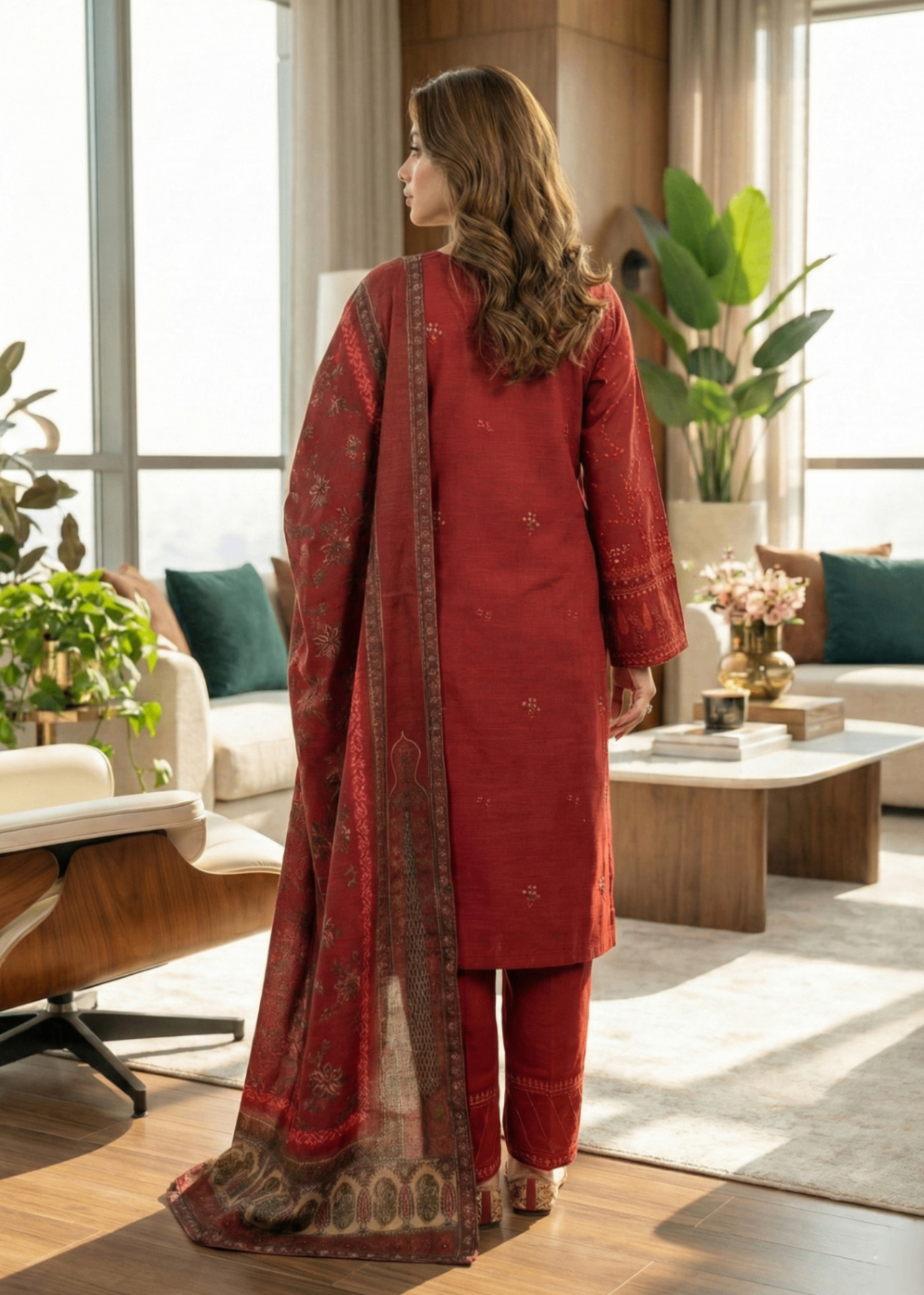 khaddar Kurta Set in Deep carmine
