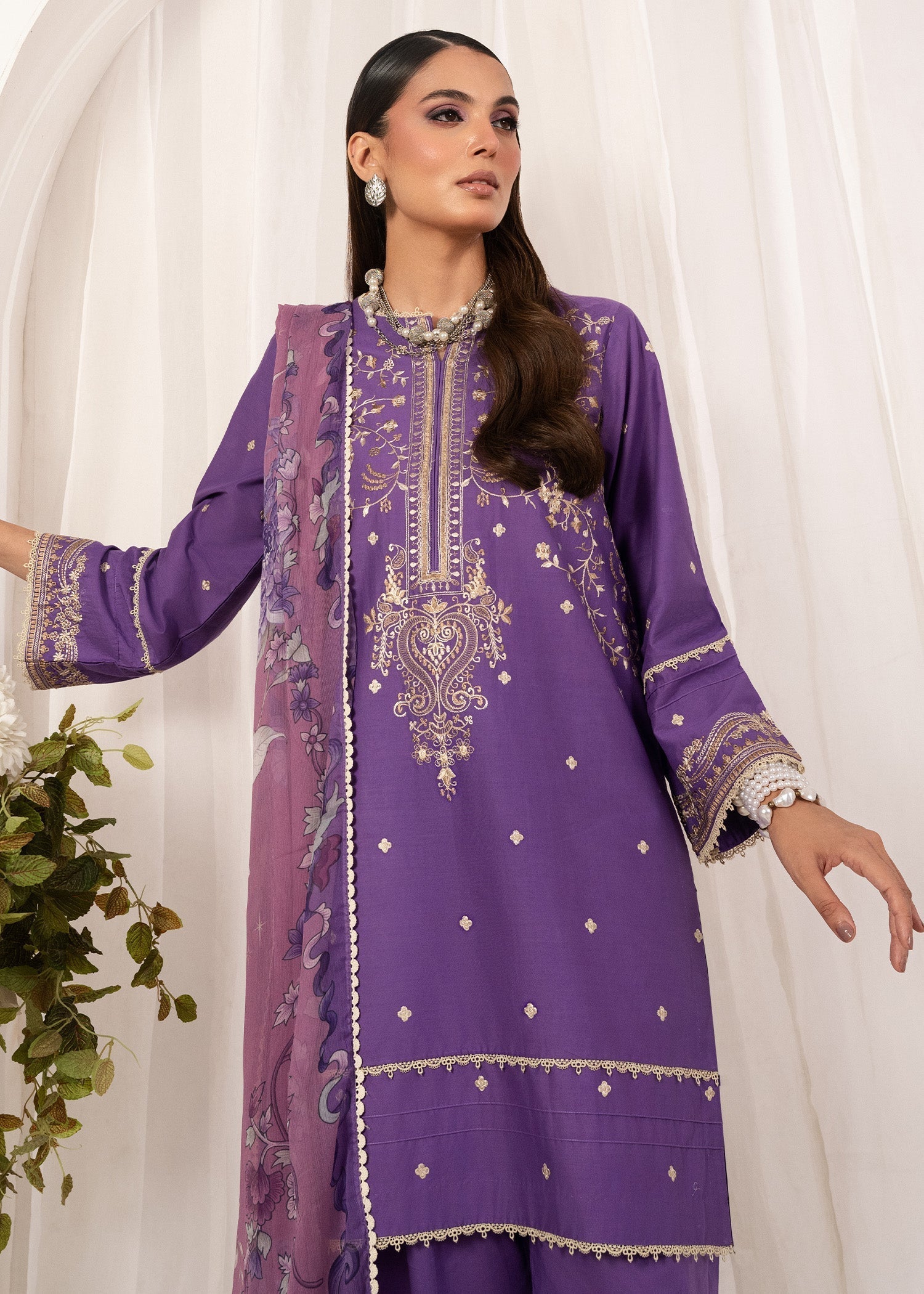 cambric cotton Kurta Set in Purple