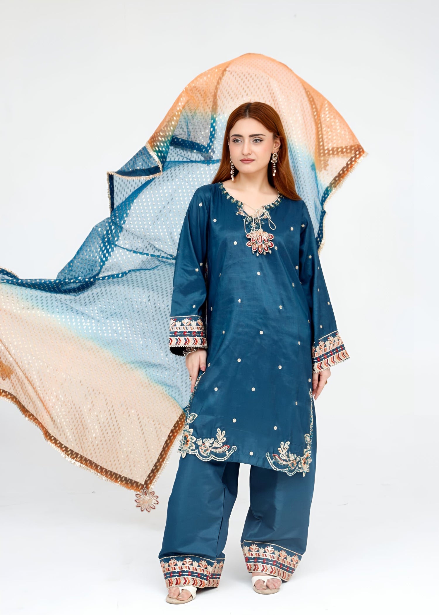 raw silk Kurta Set in Orange, teal, bondi blue