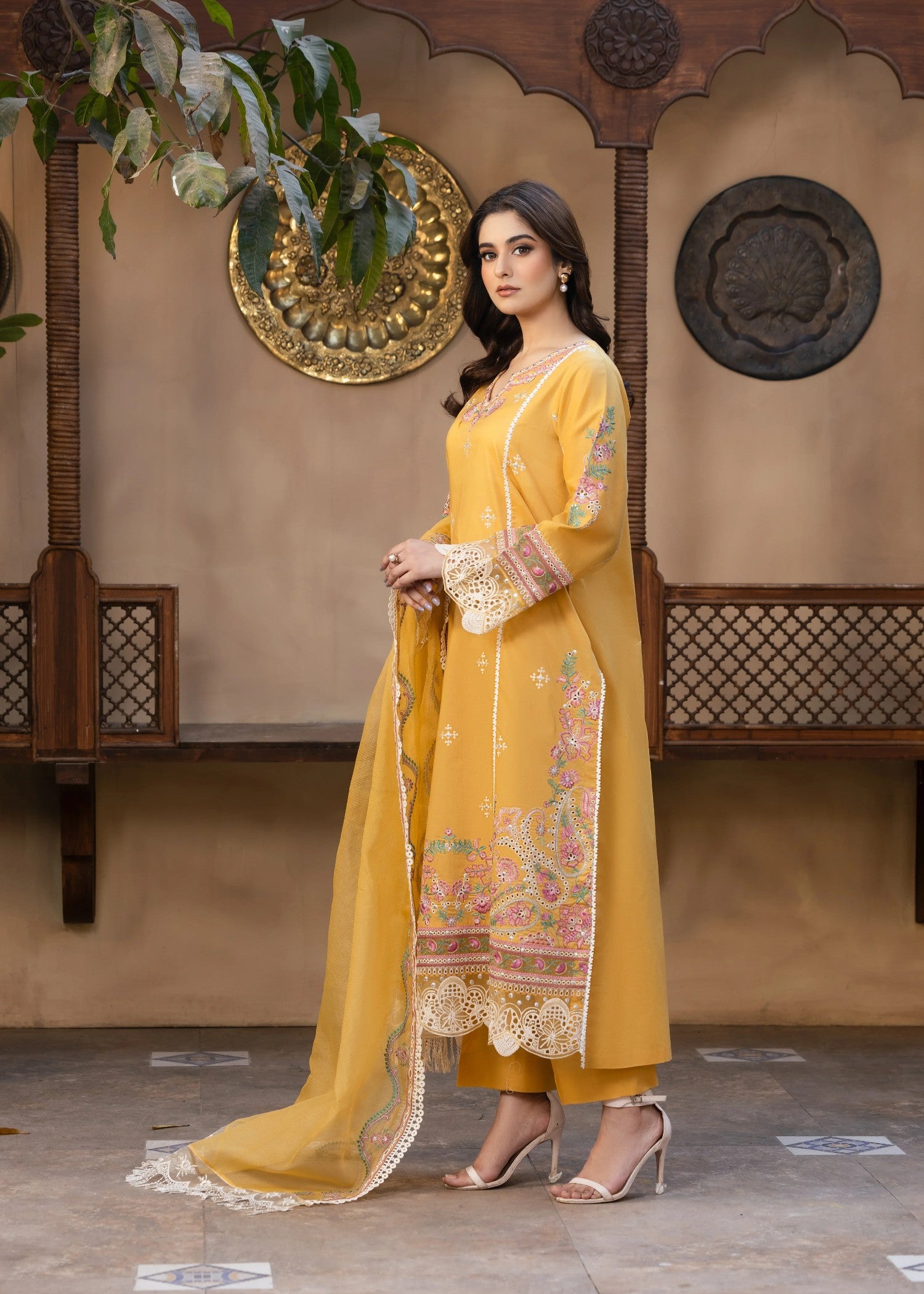 lawn Kurta Set in Golden orange