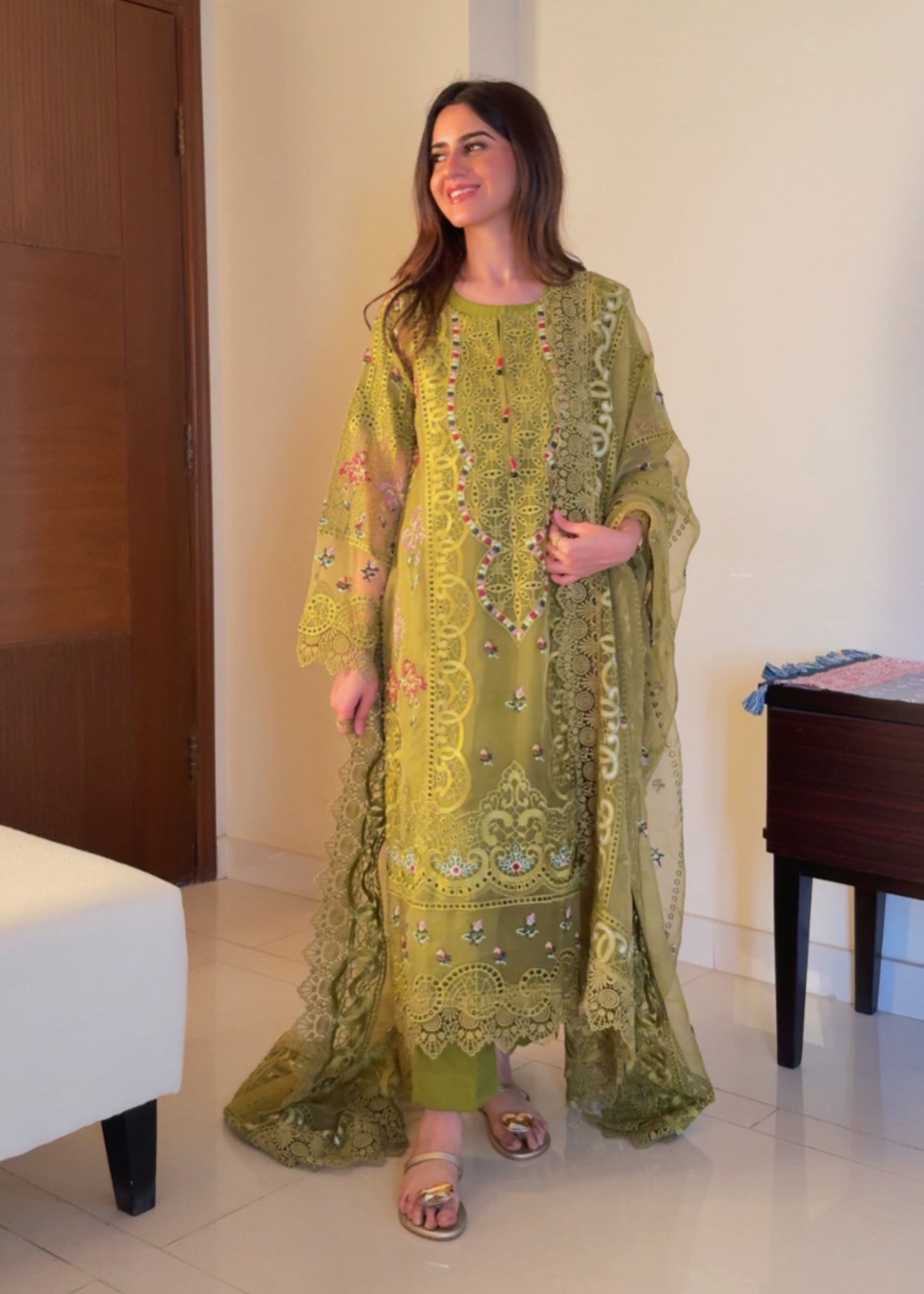 organza Kurta Set in Apple green