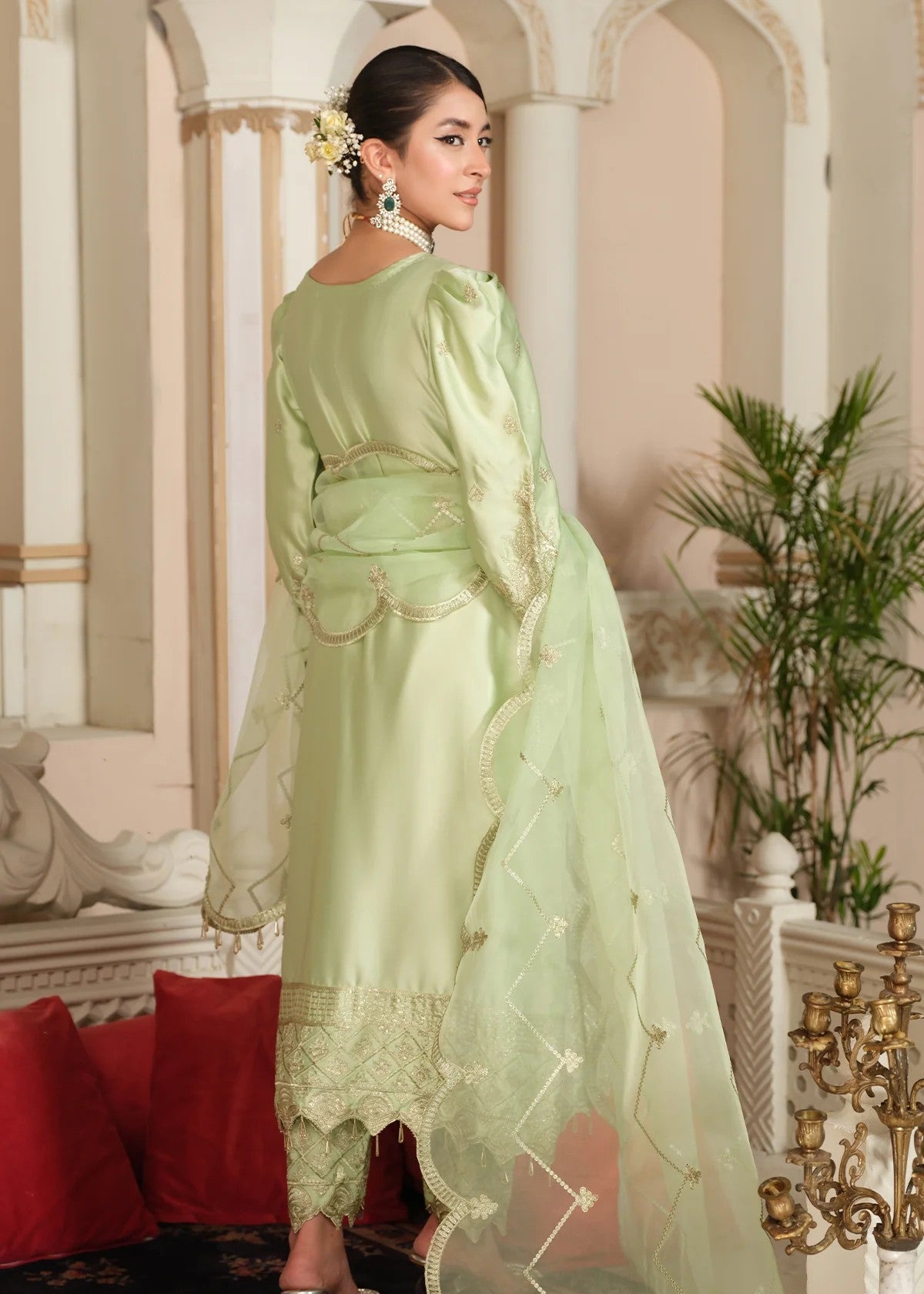 poly silk Kurta Set in Pistachio green