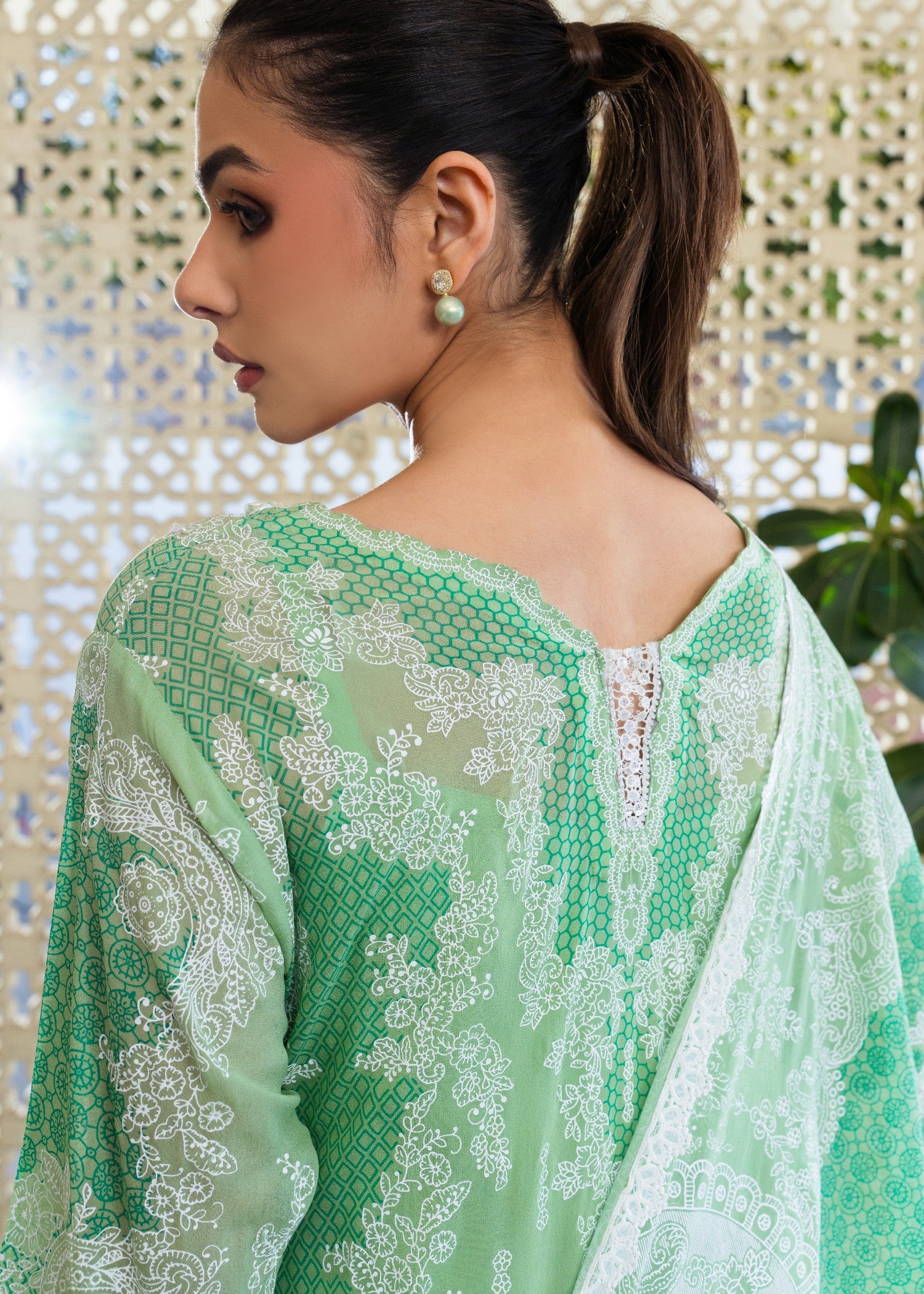 smoky georgette Unstitched in Moss green