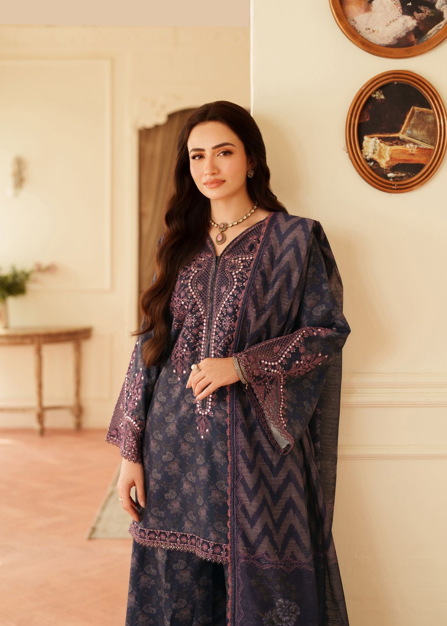organza Kurta Set in Navy blue