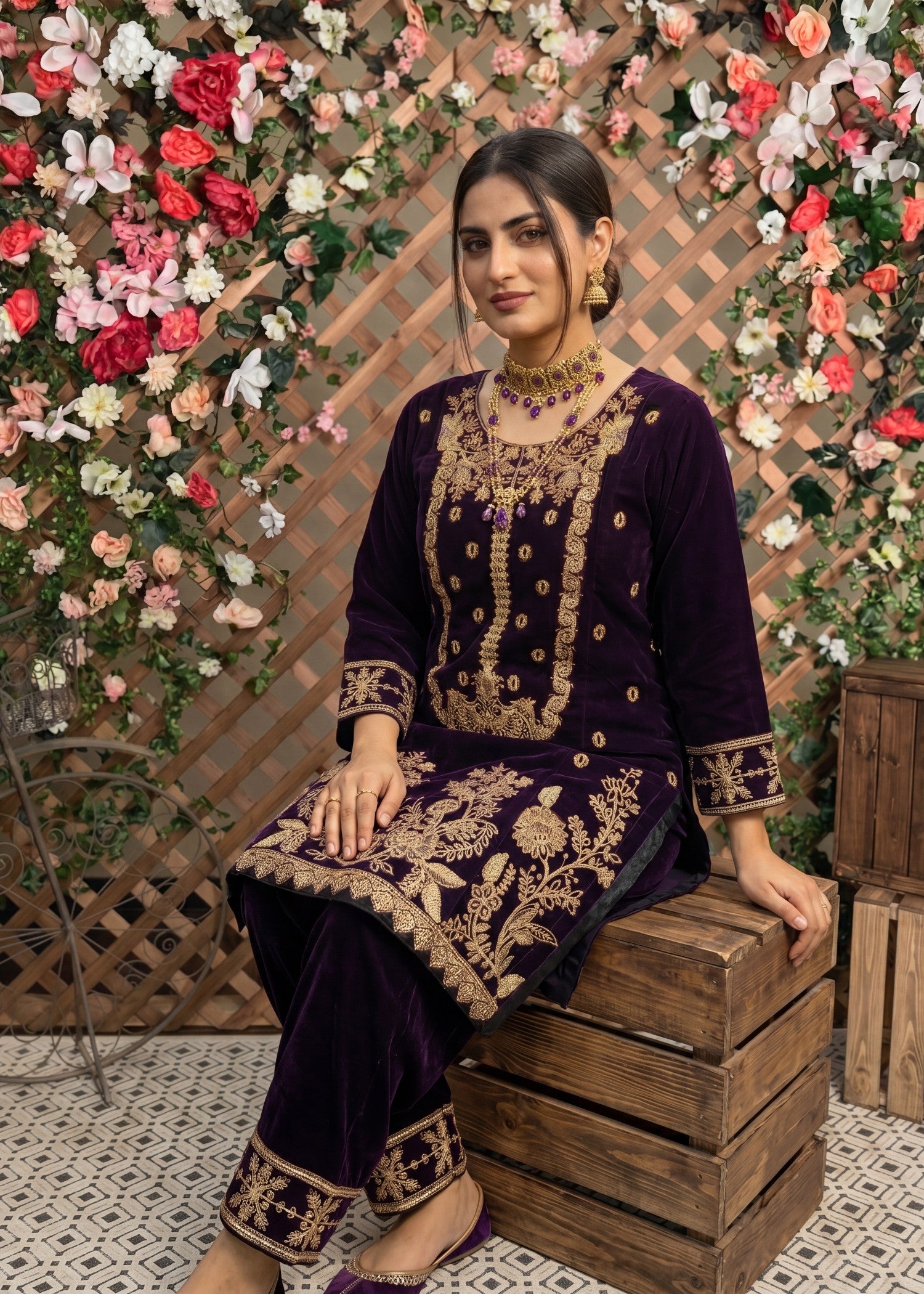 velvet Kurta Set in Purple