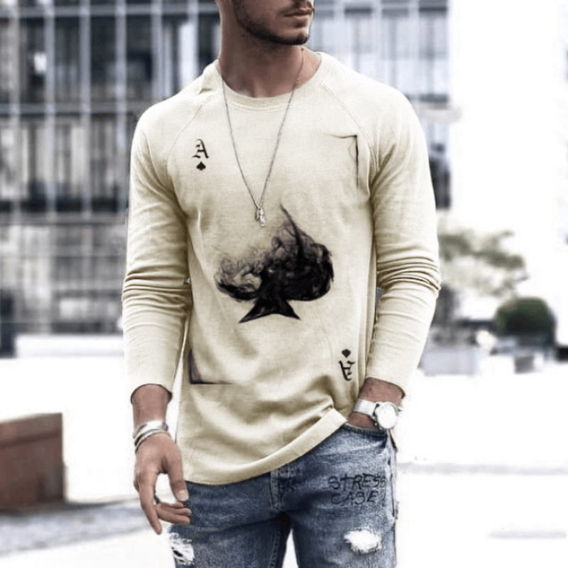 Fashion Poker Printed Top Men'S round Neck Long Sleeve